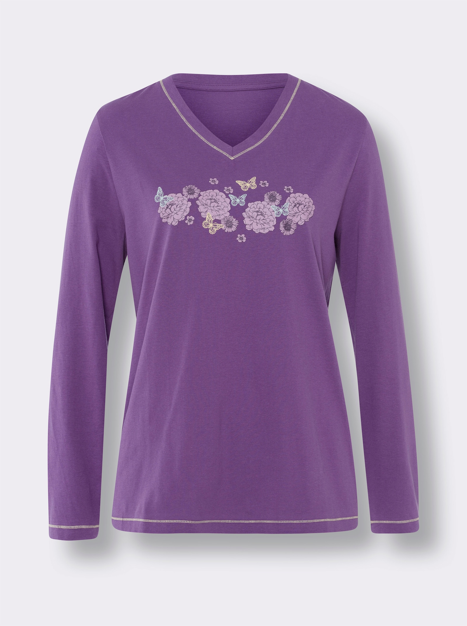 Schlafanzug mit Kontrast-Ziernähten - lila-steingrau-bedruckt