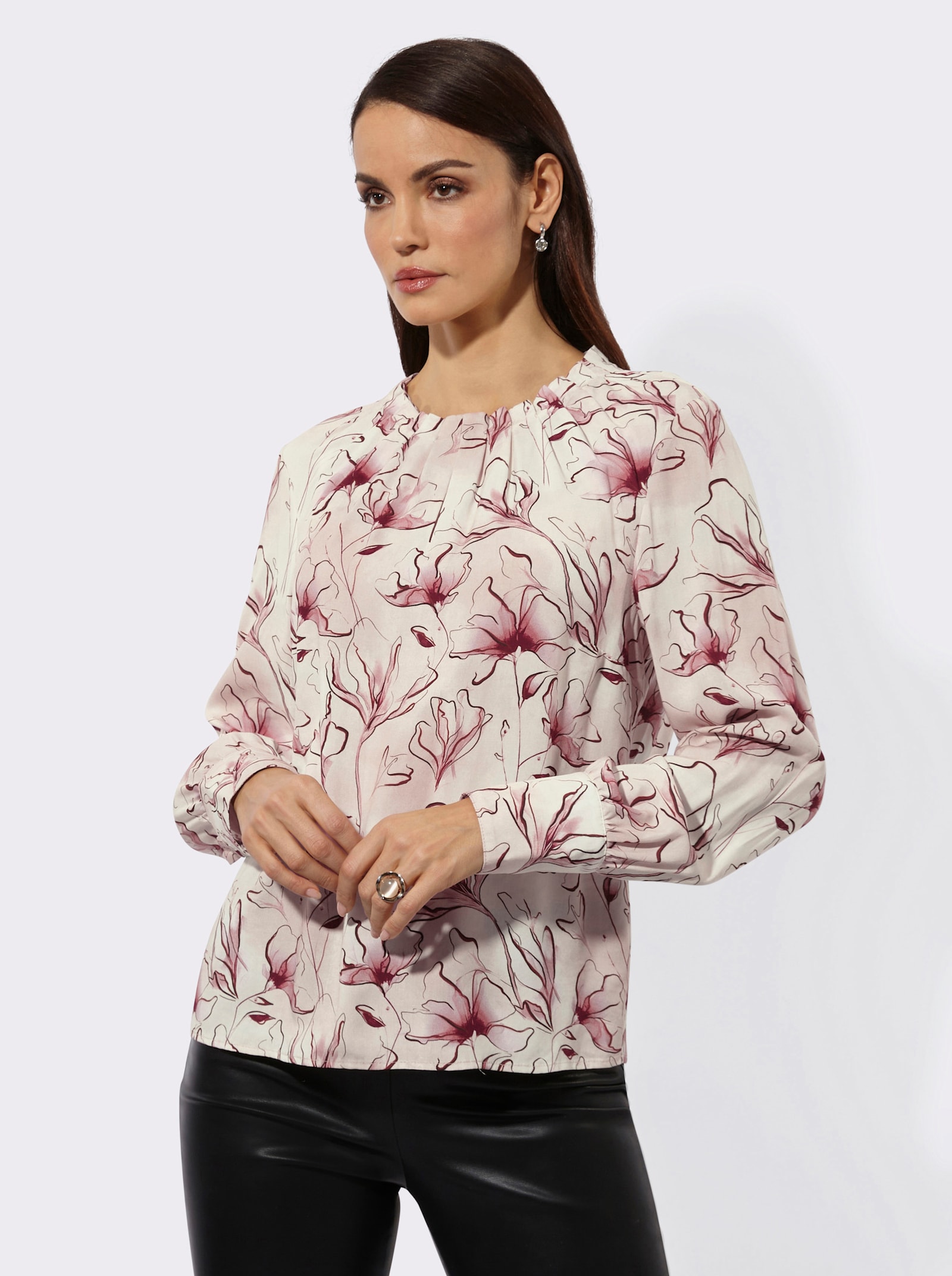 Druckbluse mit knöpfbaren Manschetten - hortensie-bordeaux-bedruckt