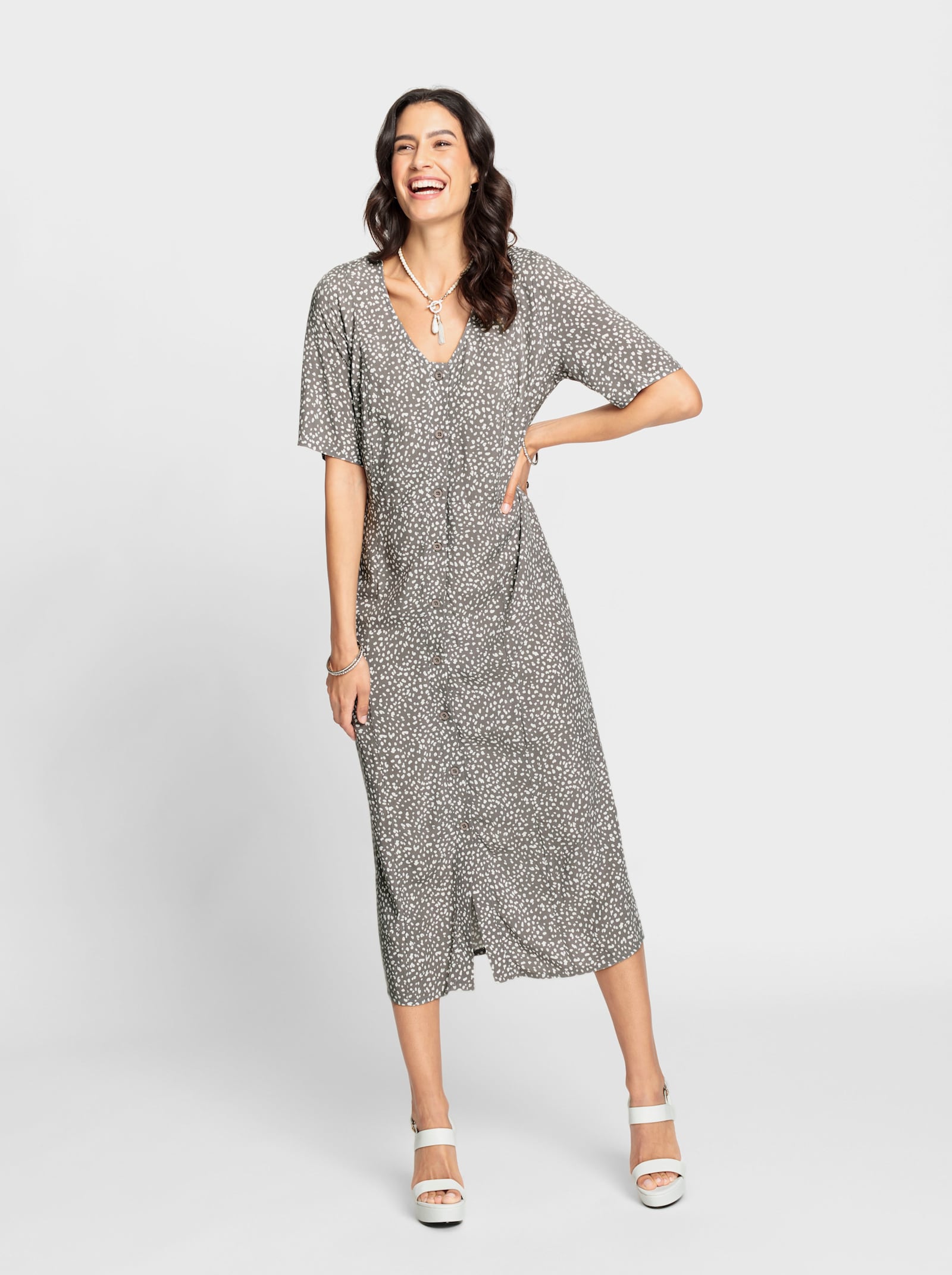 Druckkleid im Pünktchen-Dessin - grau-weiss-bedruckt