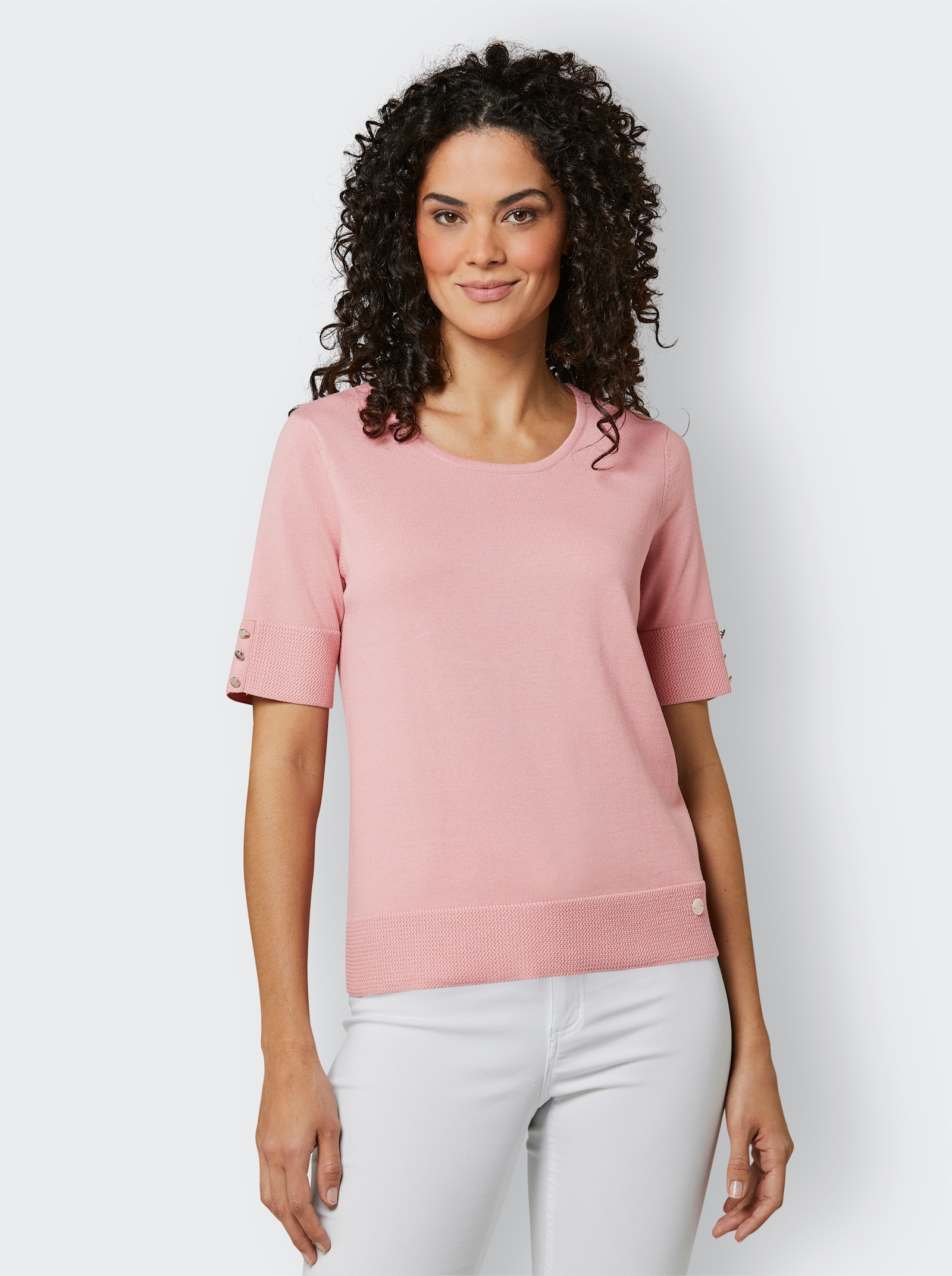 CREATION L PREMIUM Kurzarmpullover mit Zierknöpfen - rosenquarz