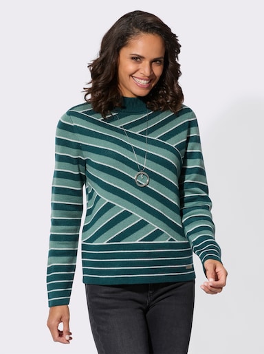Stehkragenpullover im Jacquard-Streifenmuster - jade-ecru-geringelt