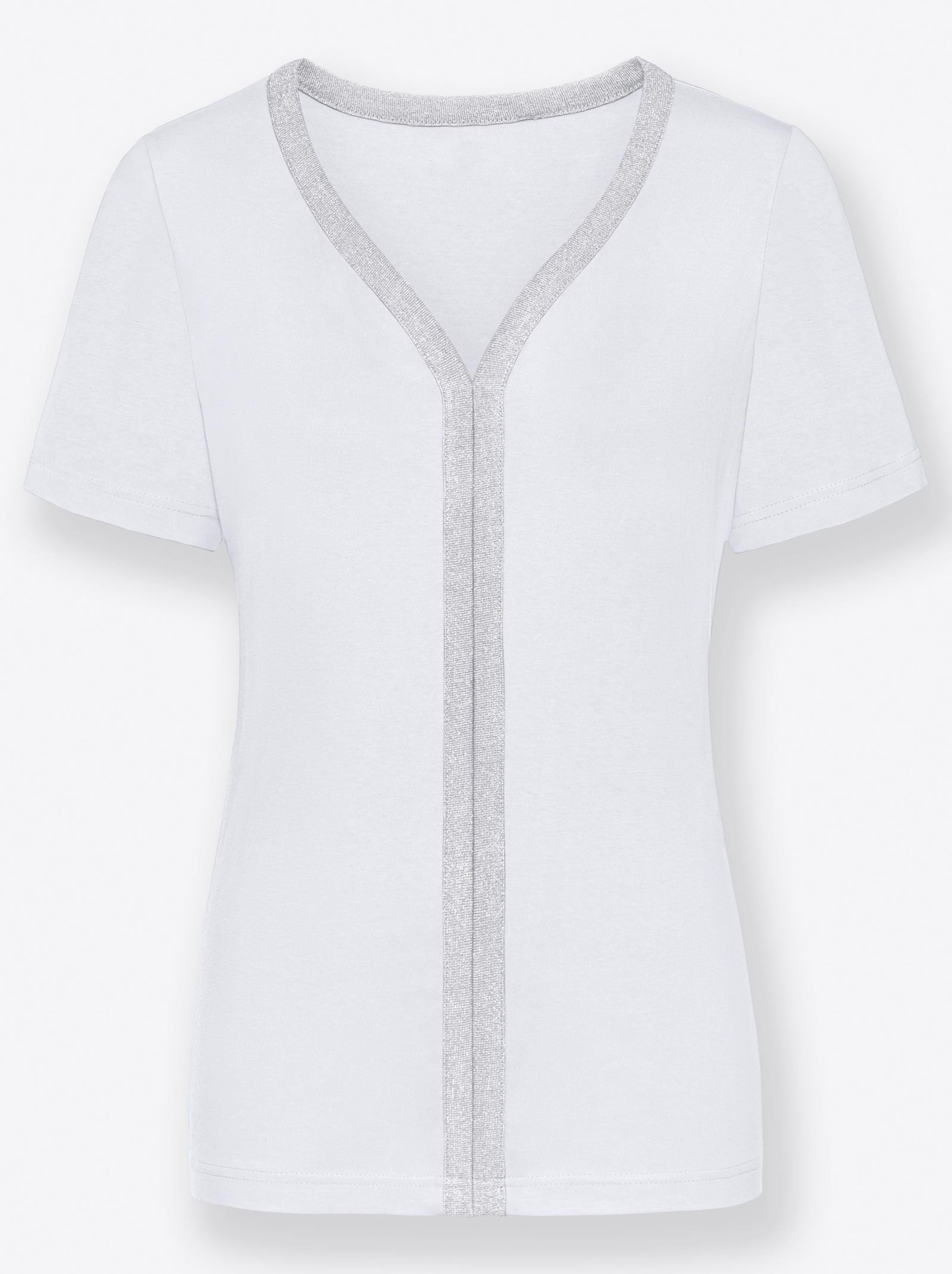 Vorne günstig Kaufen-Kurzarmshirt in weiß von heine. Kurzarmshirt in weiß von heine <![CDATA[Der Blickfang bei diesem Shirt ist die silberfarbene Paspel am V-Ausschnitt und vorne vom Ausschnitt bis zum Saum verlaufend. In hautsympathischer Qualität.]]>. 