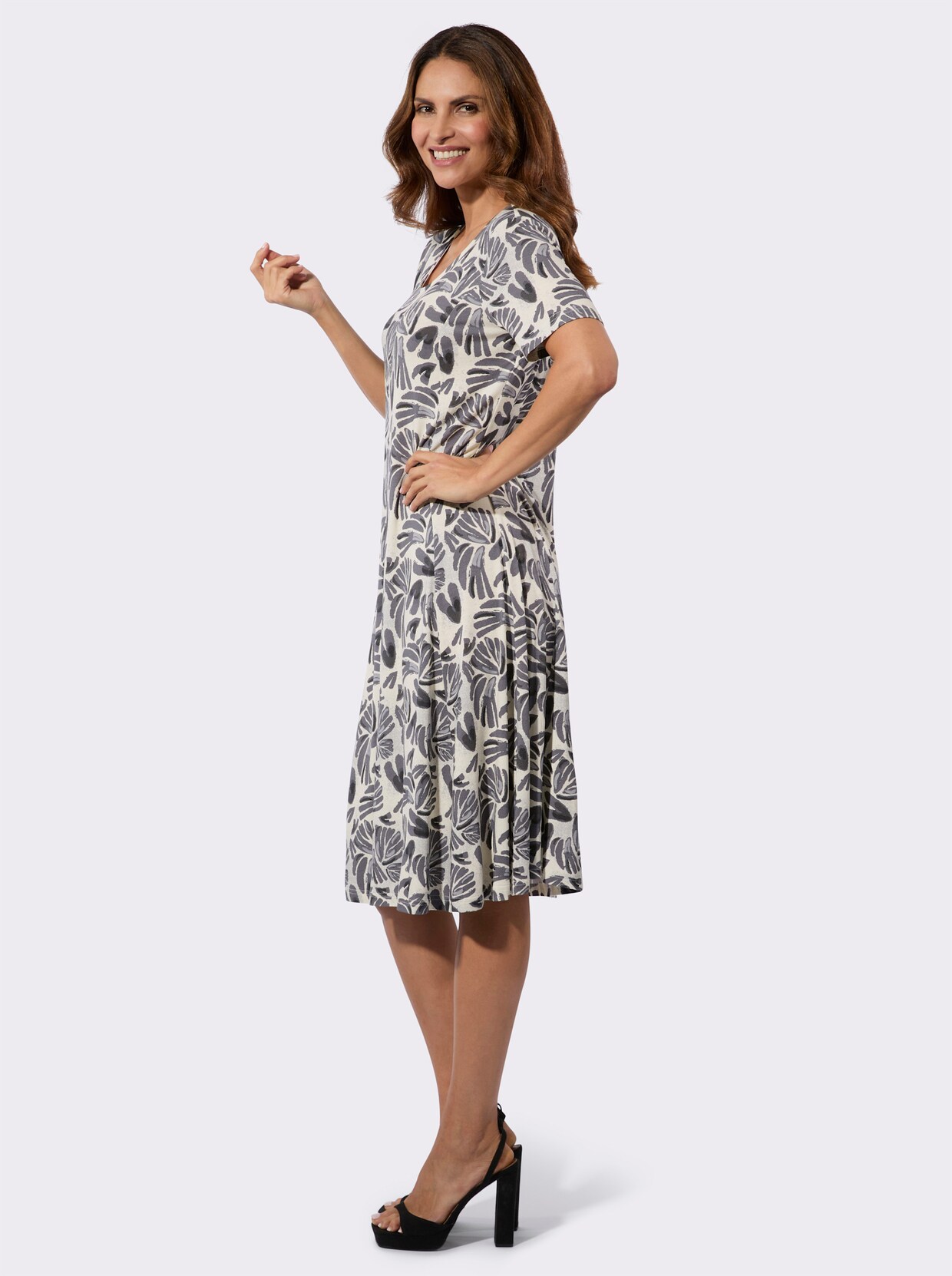 Jerseykleid - champagner-anthrazit-bedruckt