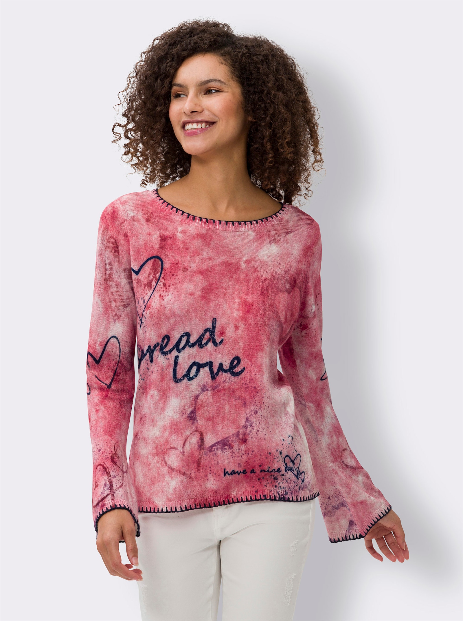 heine Langarm-Pullover mit Batikprint, Viskose-Mix - rot-ecru-bedruckt