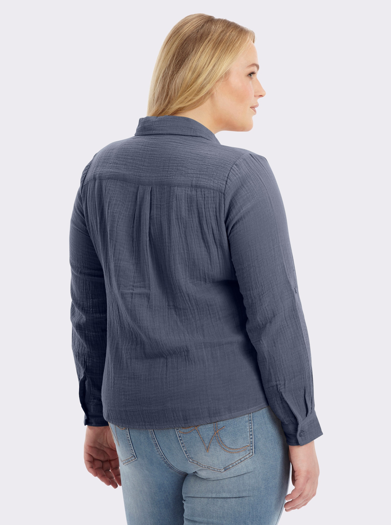 Baumwollbluse mit krempelbaren Ärmeln - rauchblau