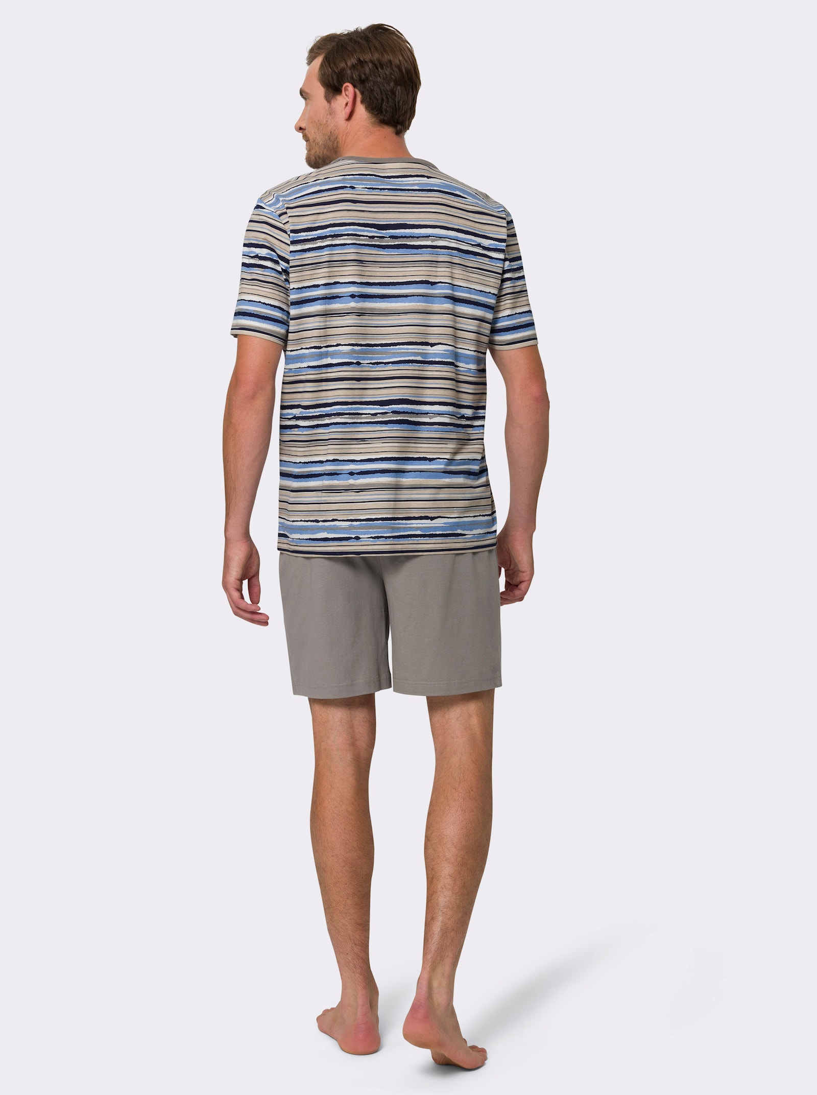 Shortama met inzet bij de hals - hemelsblauw-beige-bedrukt