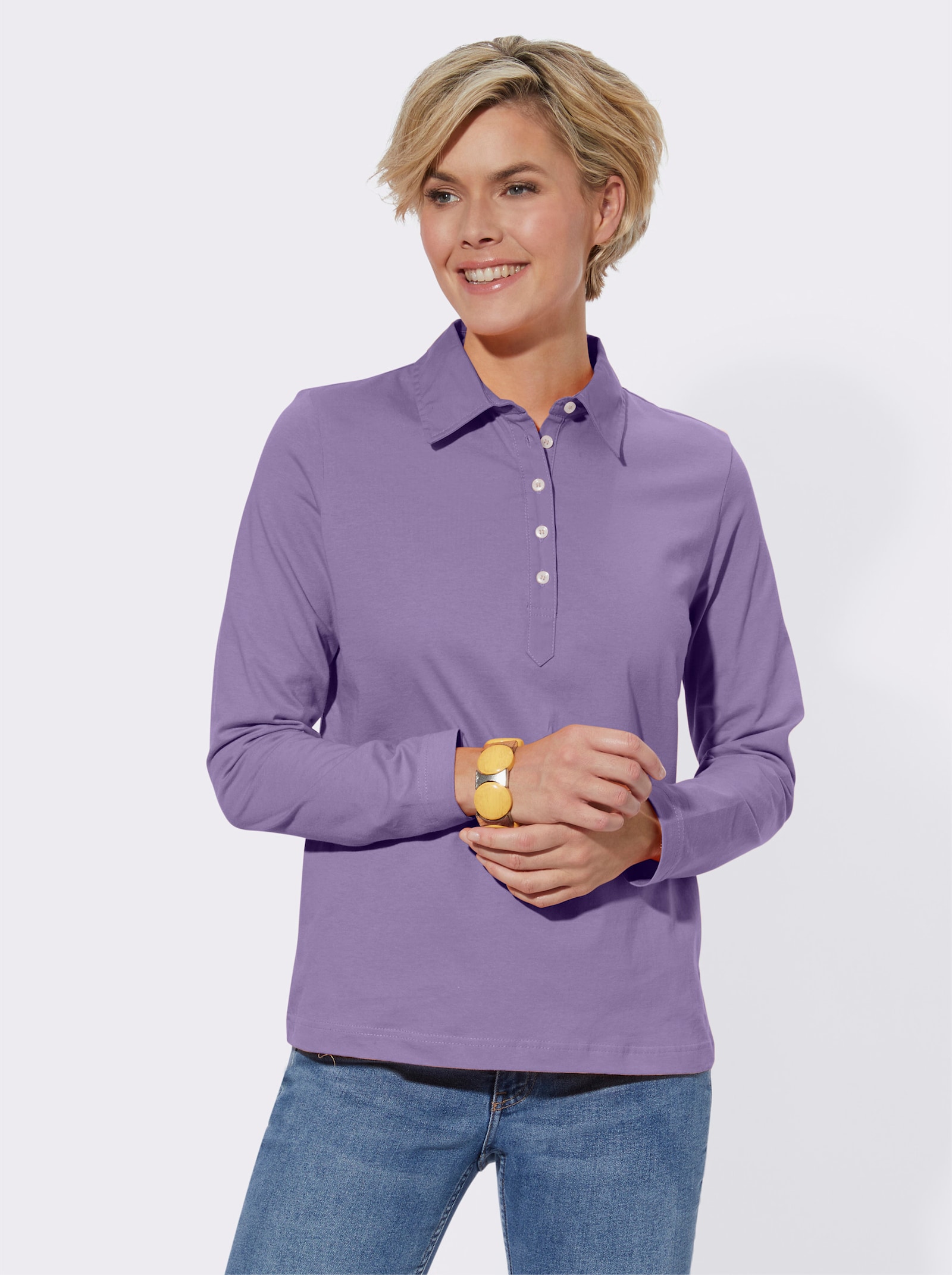 Poloshirt met lange mouwen van puur katoen - lavendel