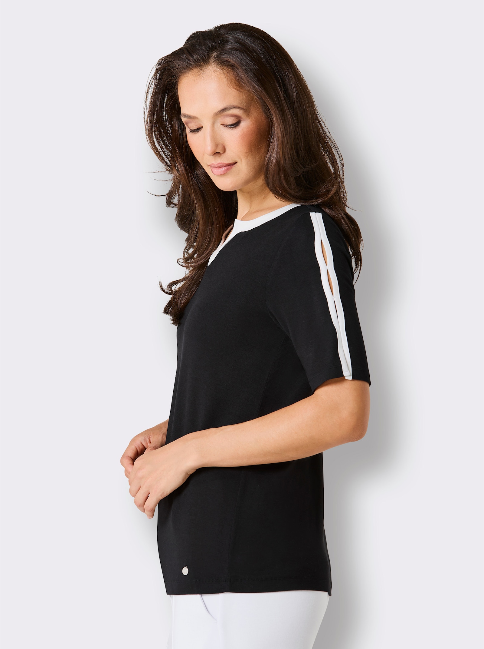 CREATION L PREMIUM Shirt mit Paspel-Verzierung - schwarz-ecru