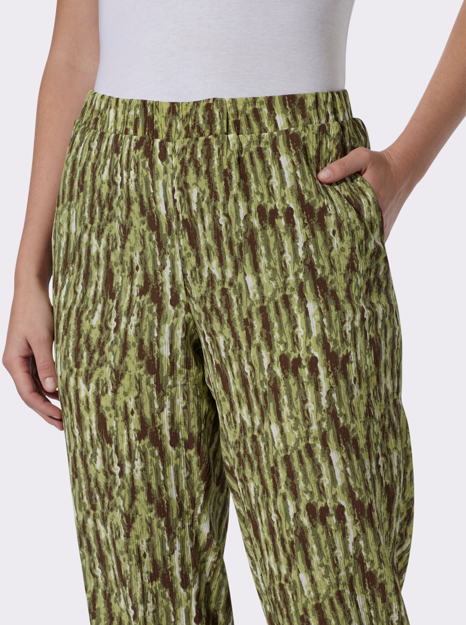 Comfortbroek met wijde pijpen - kaki + kaki/ecru bedrukt