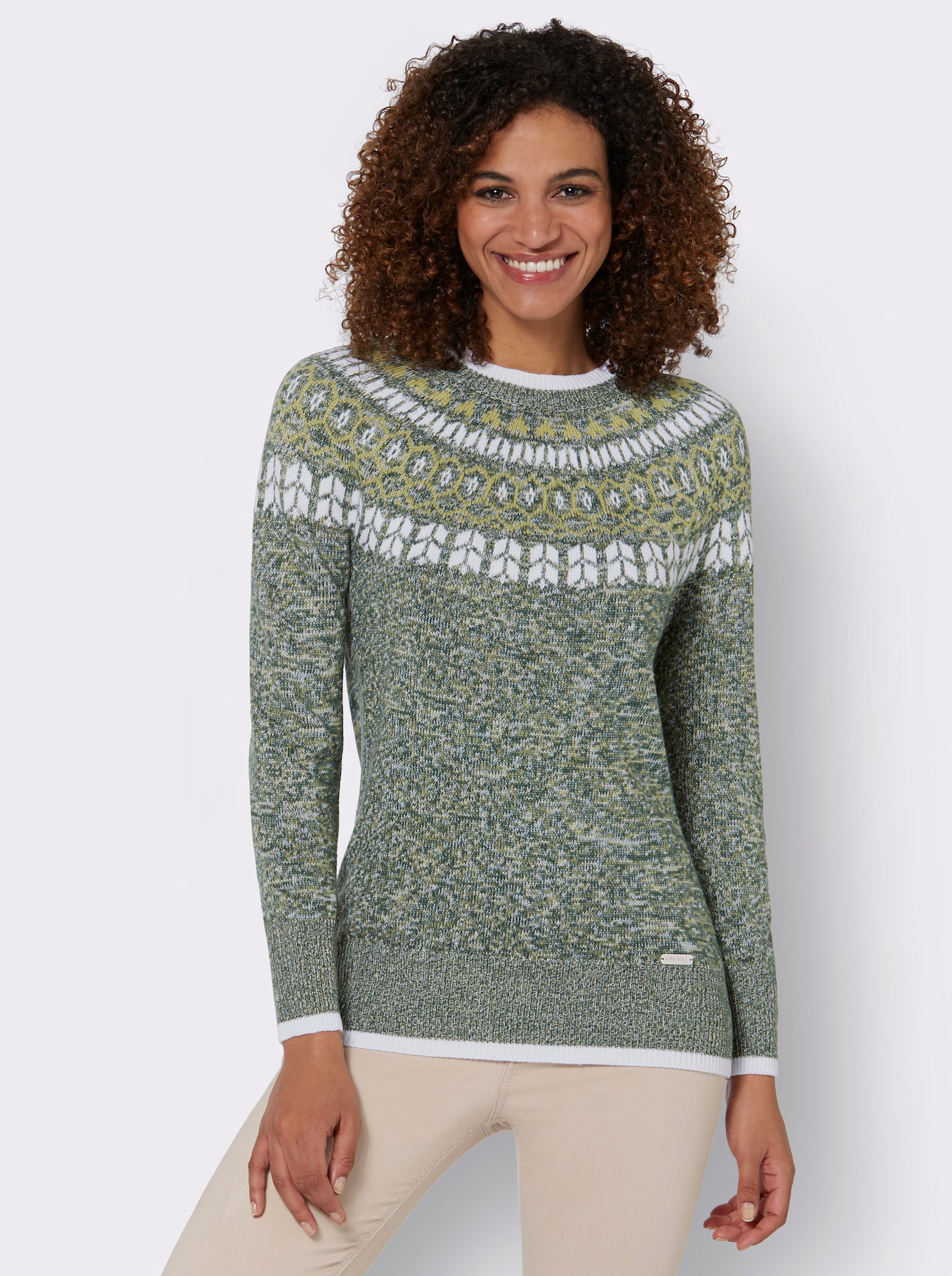 Norwegerpullover mit breiten Rippbündchen - moos-lindgrün-meliert