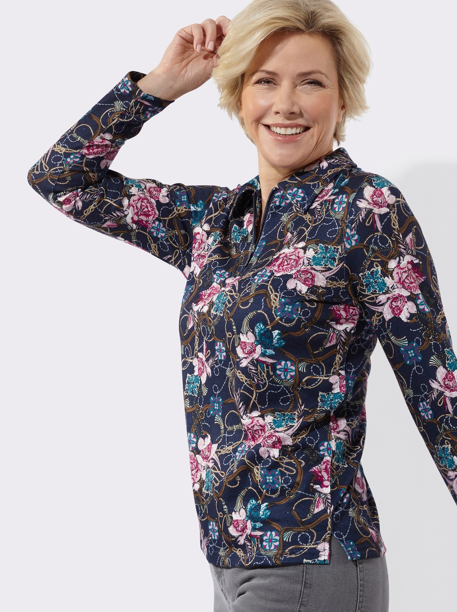 Poloshirt mit floralem Muster - marine-rosé-bedruckt