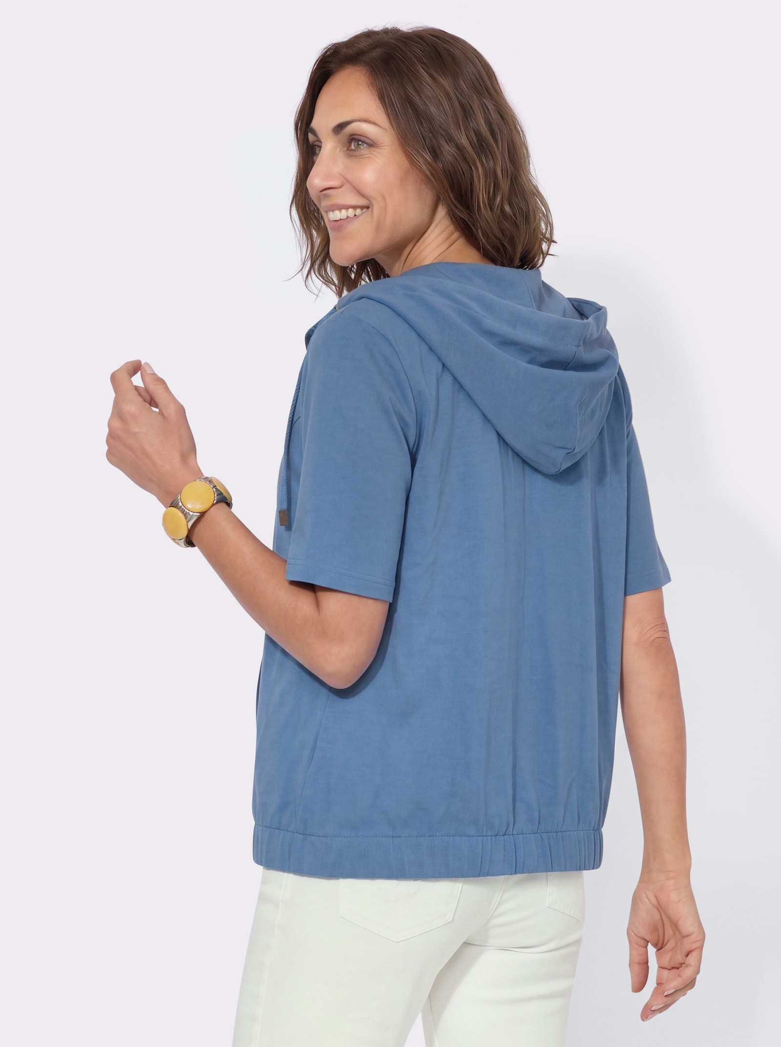 Shirtjacke mit Kapuze und Halbärmeln - mittelblau