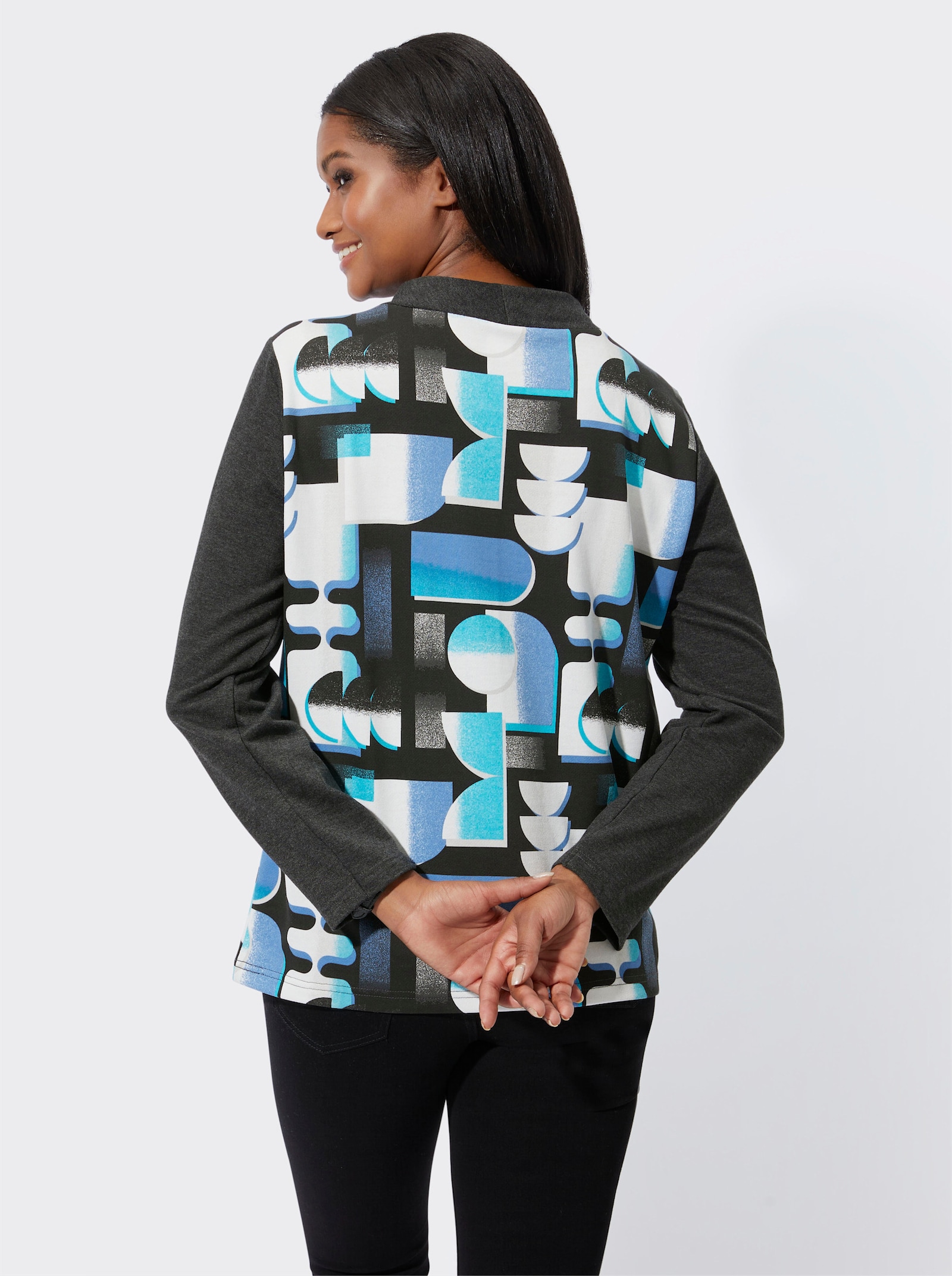 Mikina se stojáčkem a tunýlkem - tyrkysová-černá-potisk