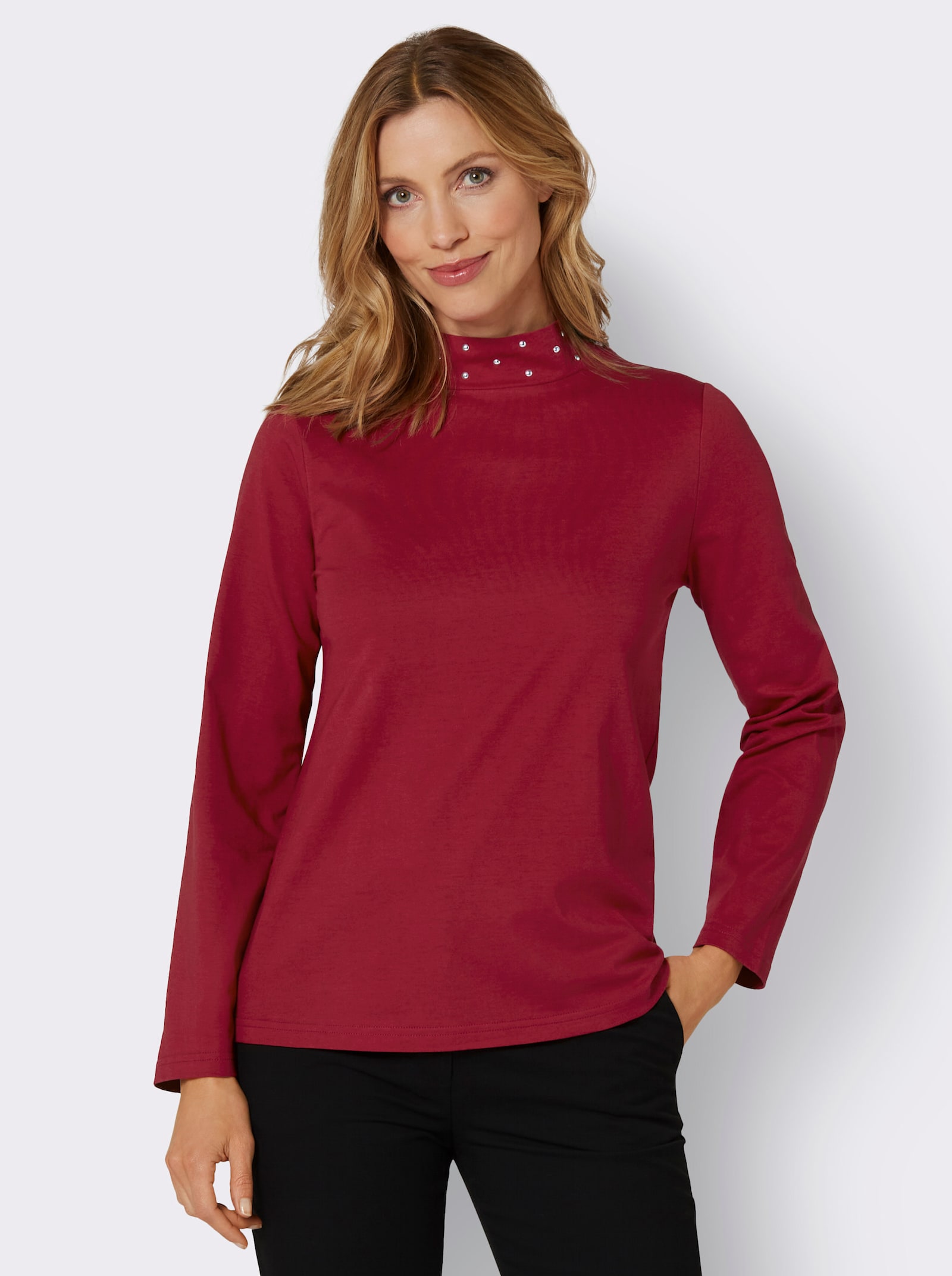Stehkragenshirt mit Zierplättchen - kirsche