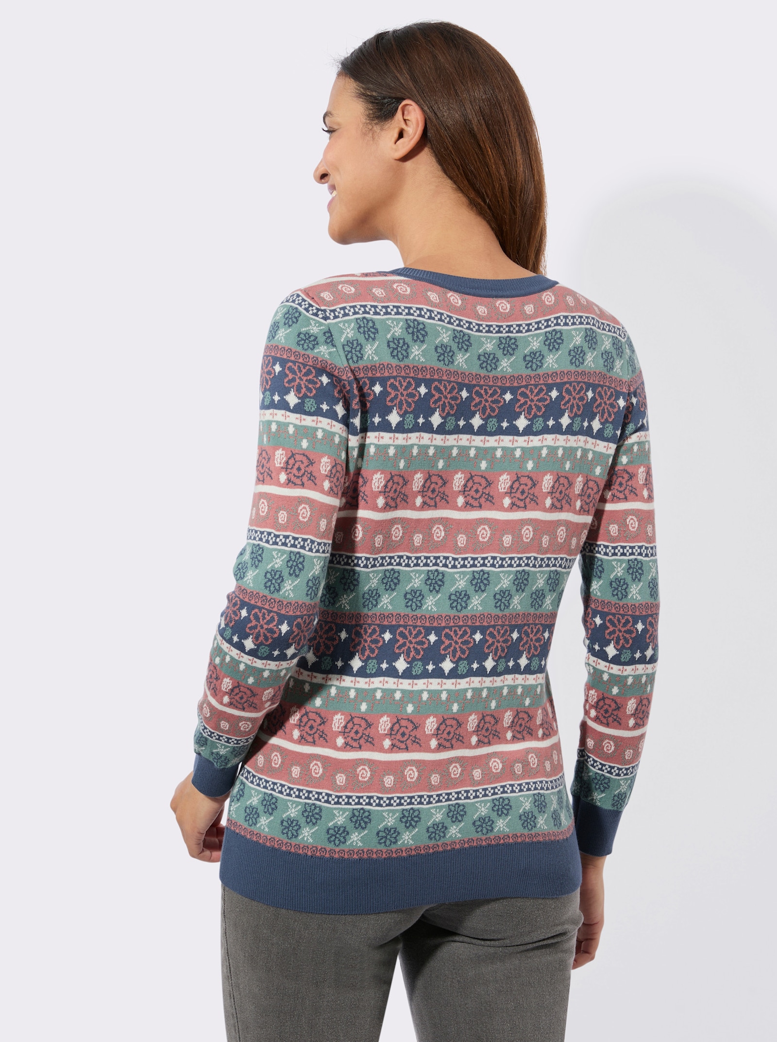 Jacquard-Pullover mit Rippbündchen - rauchblau-rosenholz