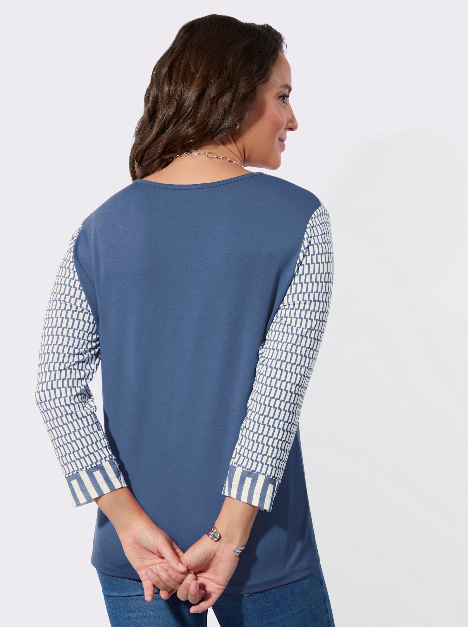 3/4-Arm-Shirt mit Mesh-Einsatz am Ausschnitt - jeansblau-ecru-bedruckt
