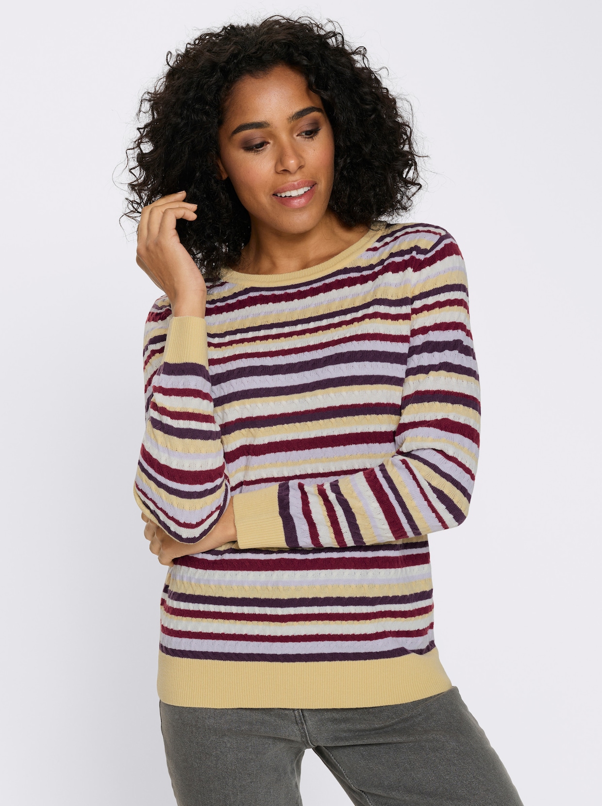 Rundhalspullover mit Zopfmuster im Ringel-Dessin - mauve-traube-geringelt