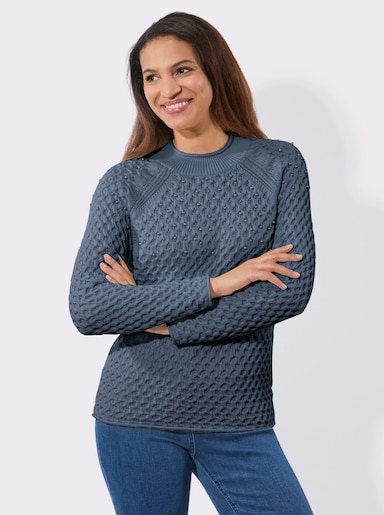 Stehkragenpullover mit Zierperlen - rauchblau