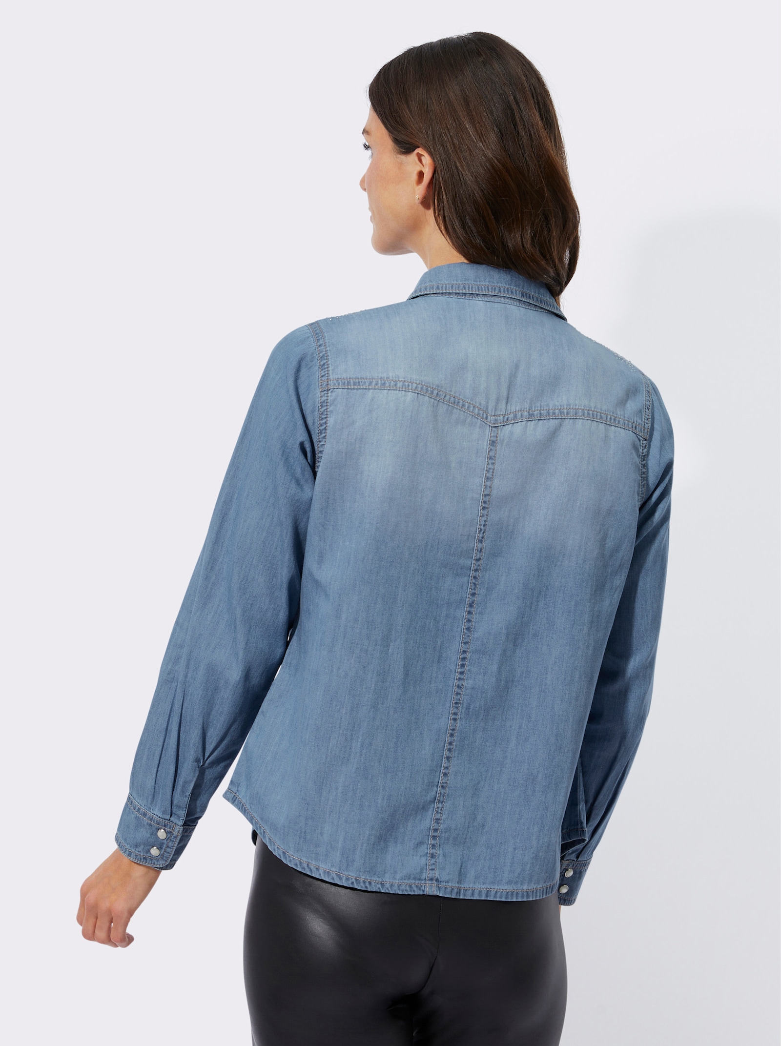 Jeansbluse mit Glitzersteinchen - blue-bleached