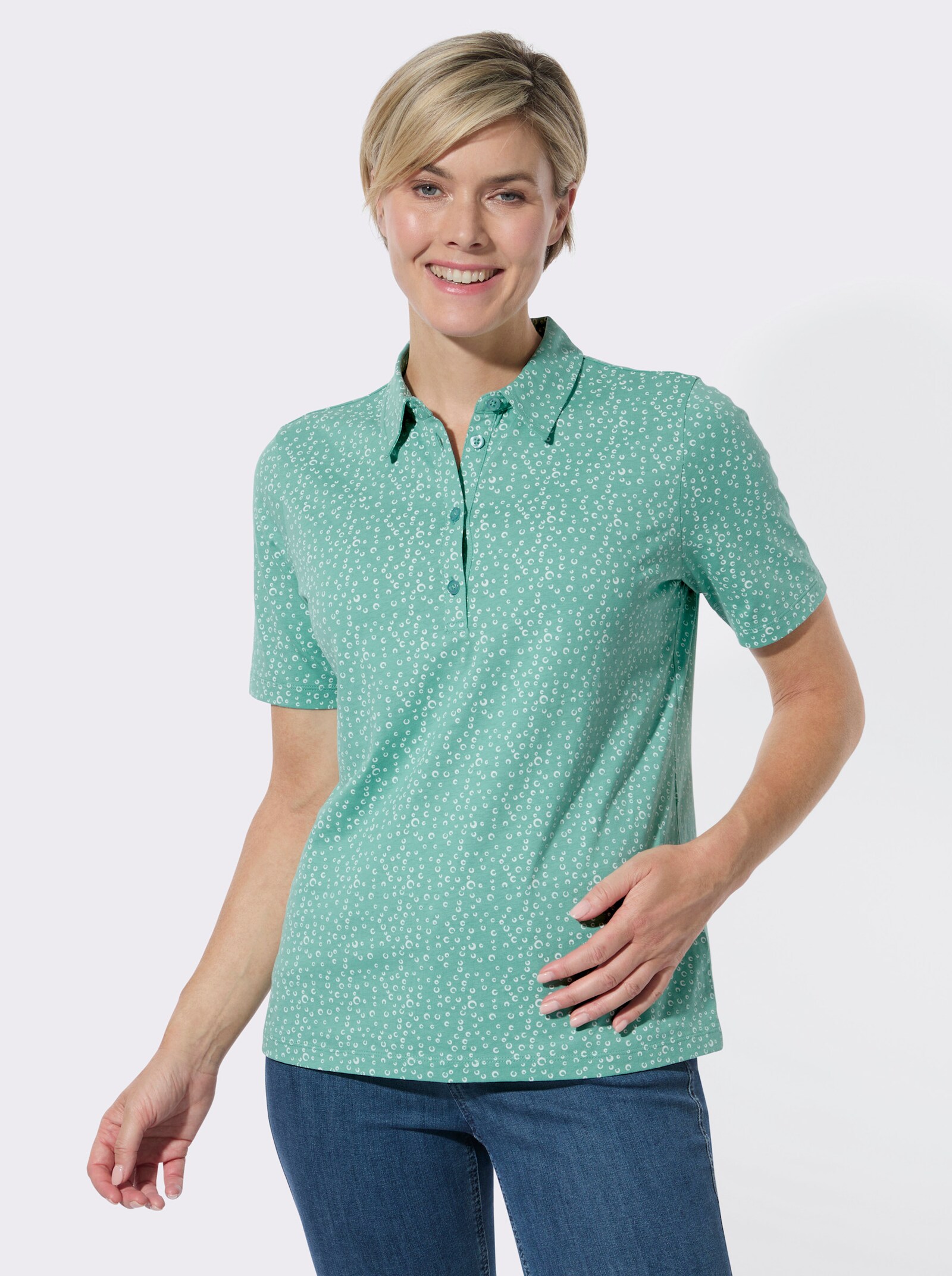 Poloshirt mit bedrucktem Kragen - salbei-weiß-getupft + salbei