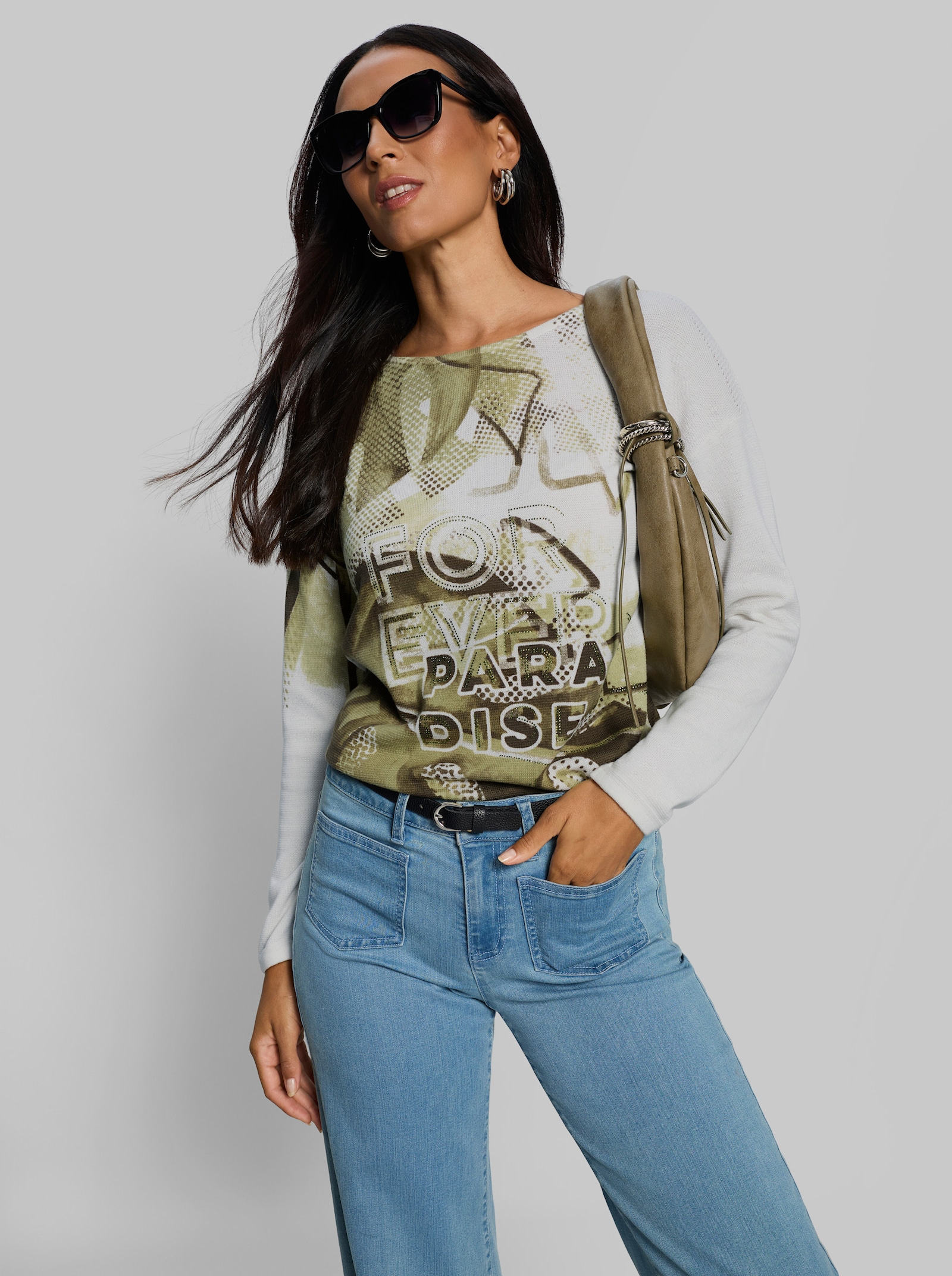 heine Baumwollpullover mit Blätterprint - ecru-khaki-bedruckt