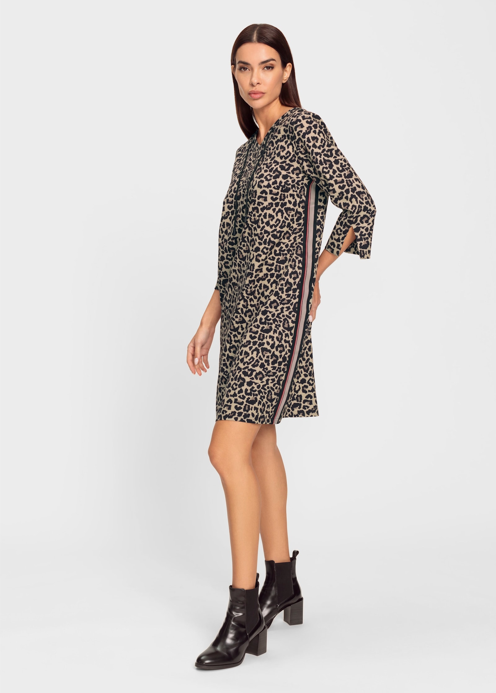 heine Vävd klänning med kontrastfärgade sidoränder - beige-svart, tryckt