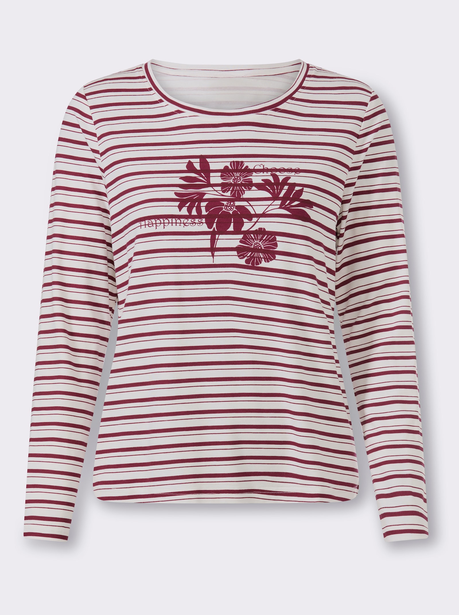 heine Langarmshirt mit Ringel- und Blüten-Print - bordeaux-ecru-geringelt