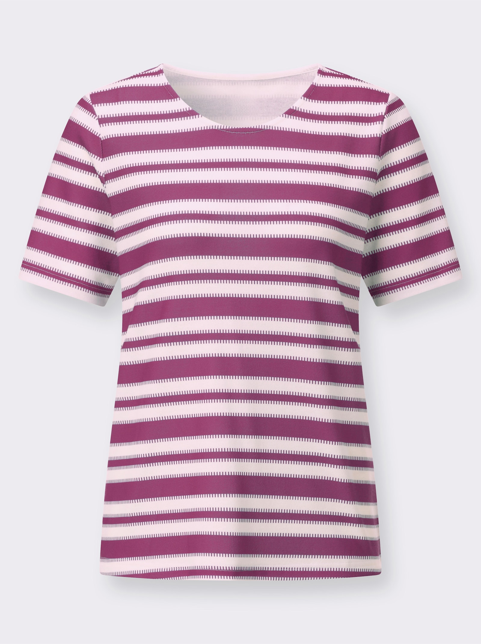 Kurzarmshirt in innen angerauter Qualität - violett-weiß-geringelt