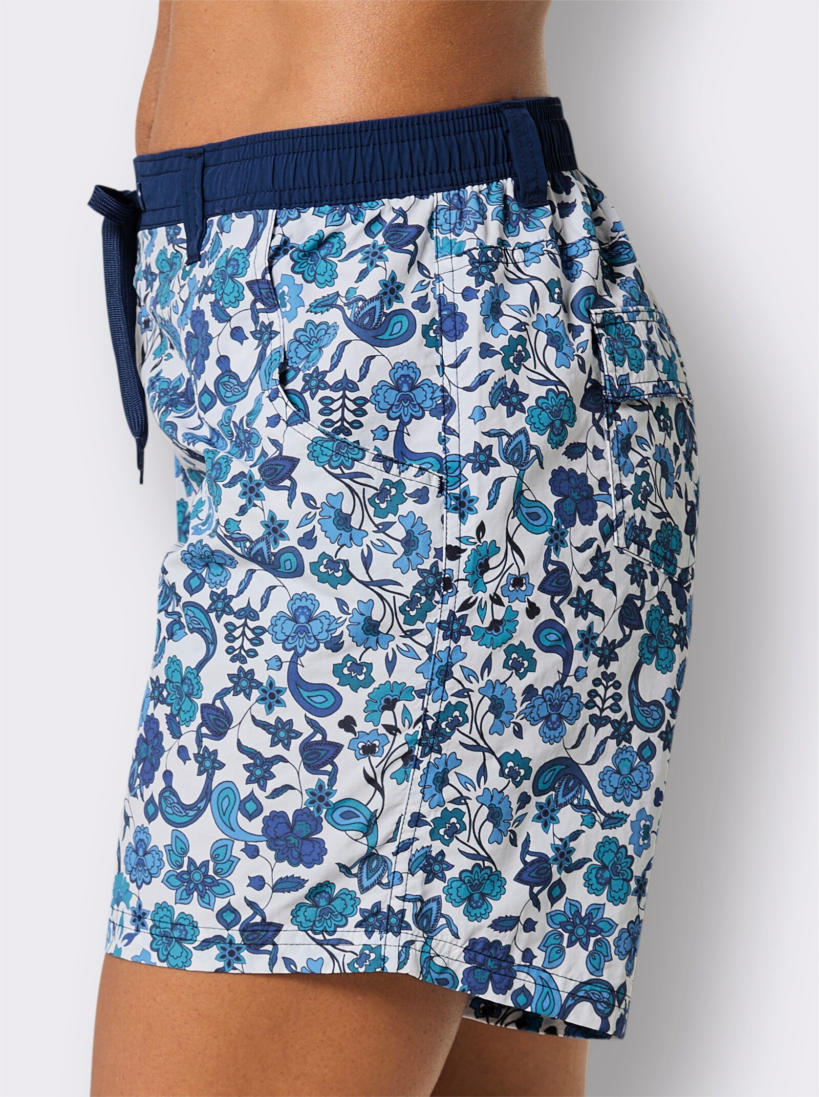 Badeshorts mit 3 Taschen - jeansblau-topas-bedruckt