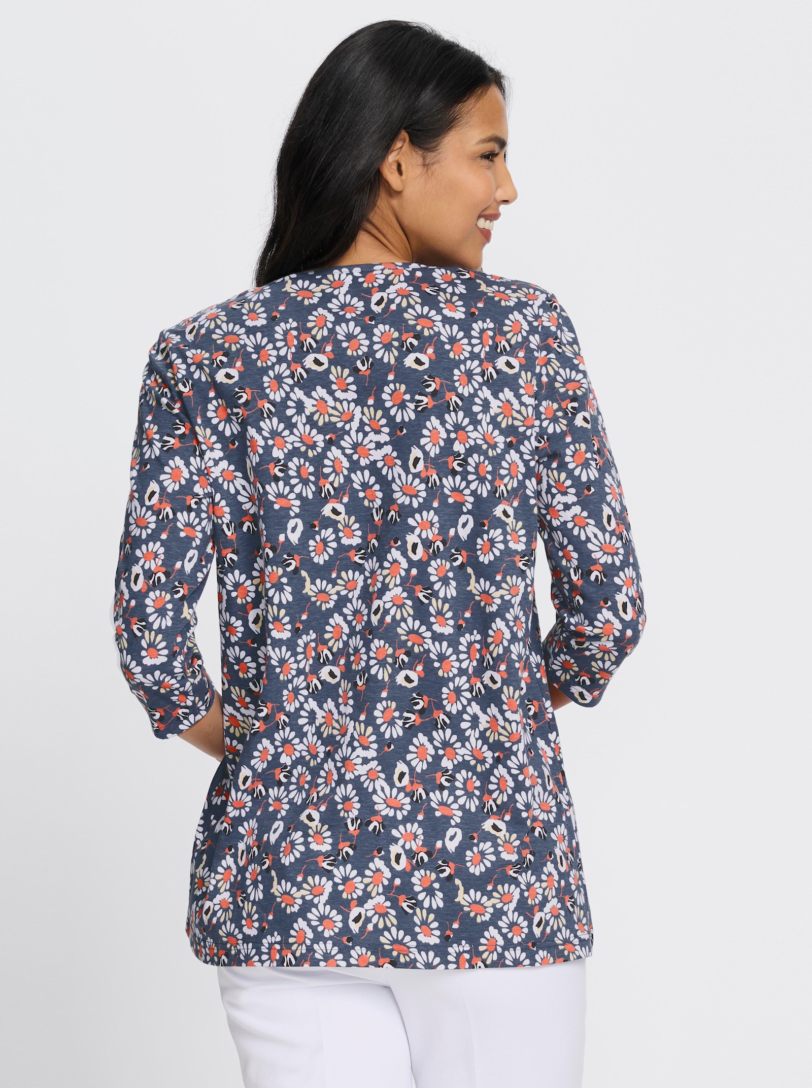 Longshirt im Blüten-Dessin - rauchblau-papaya-bedruckt