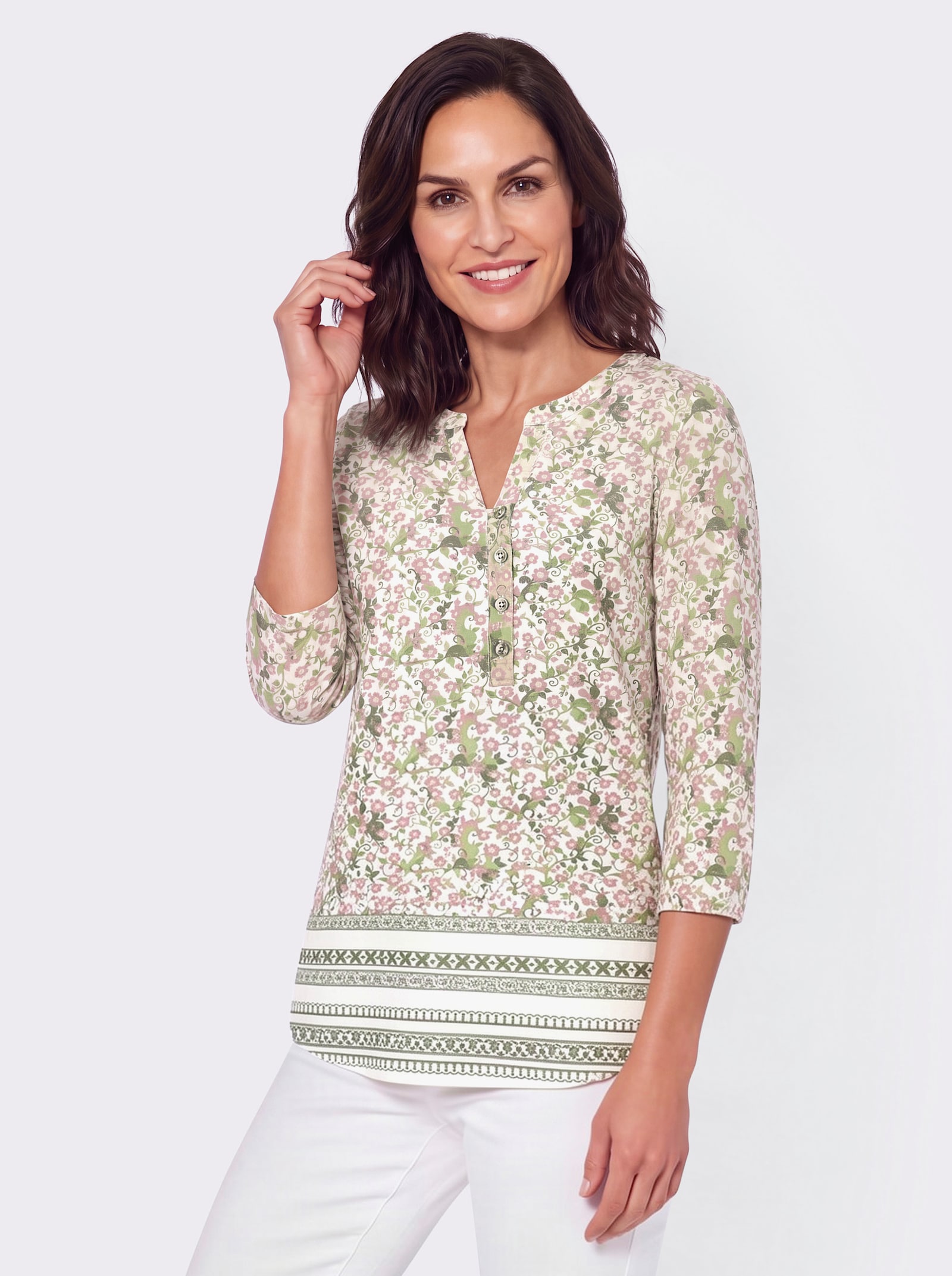3/4-Arm-Shirt mit Bordürendruck am Saum - khaki-hortensie-bedruckt