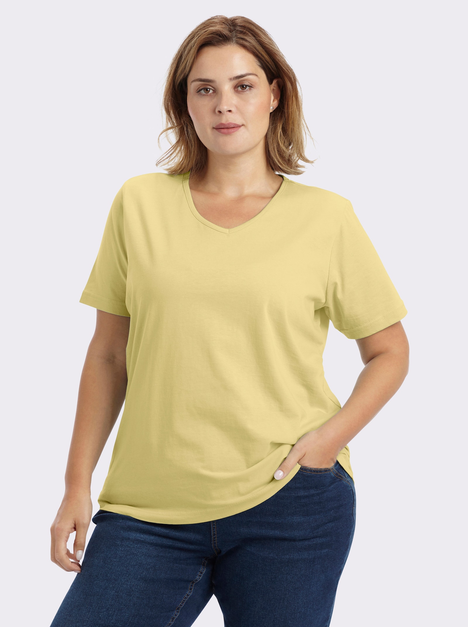 Kurzarmshirt mit V-Ausschnitt - vanillegelb