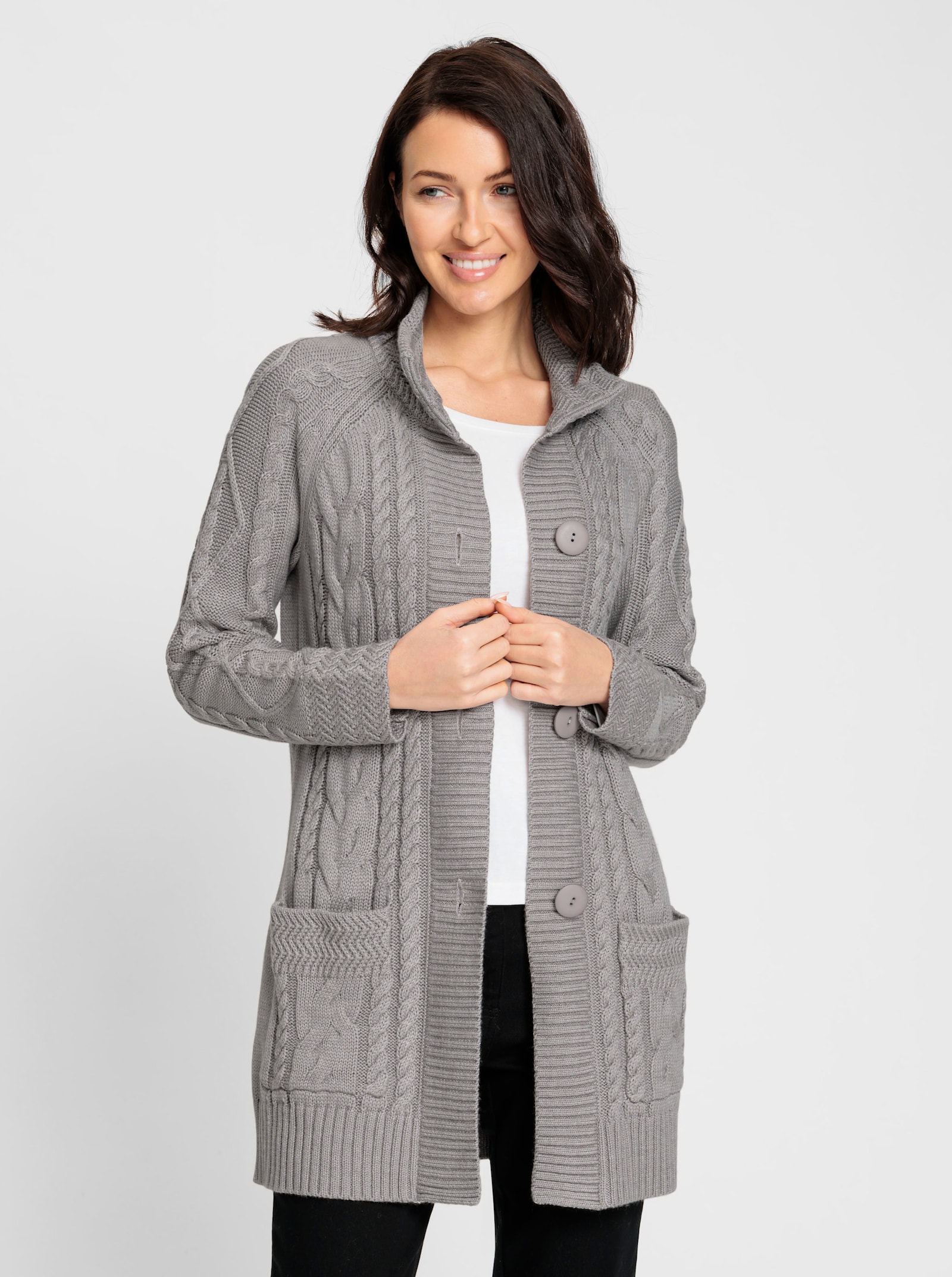 Longstrickjacke mit Einstrickmuster - steingrau-meliert
