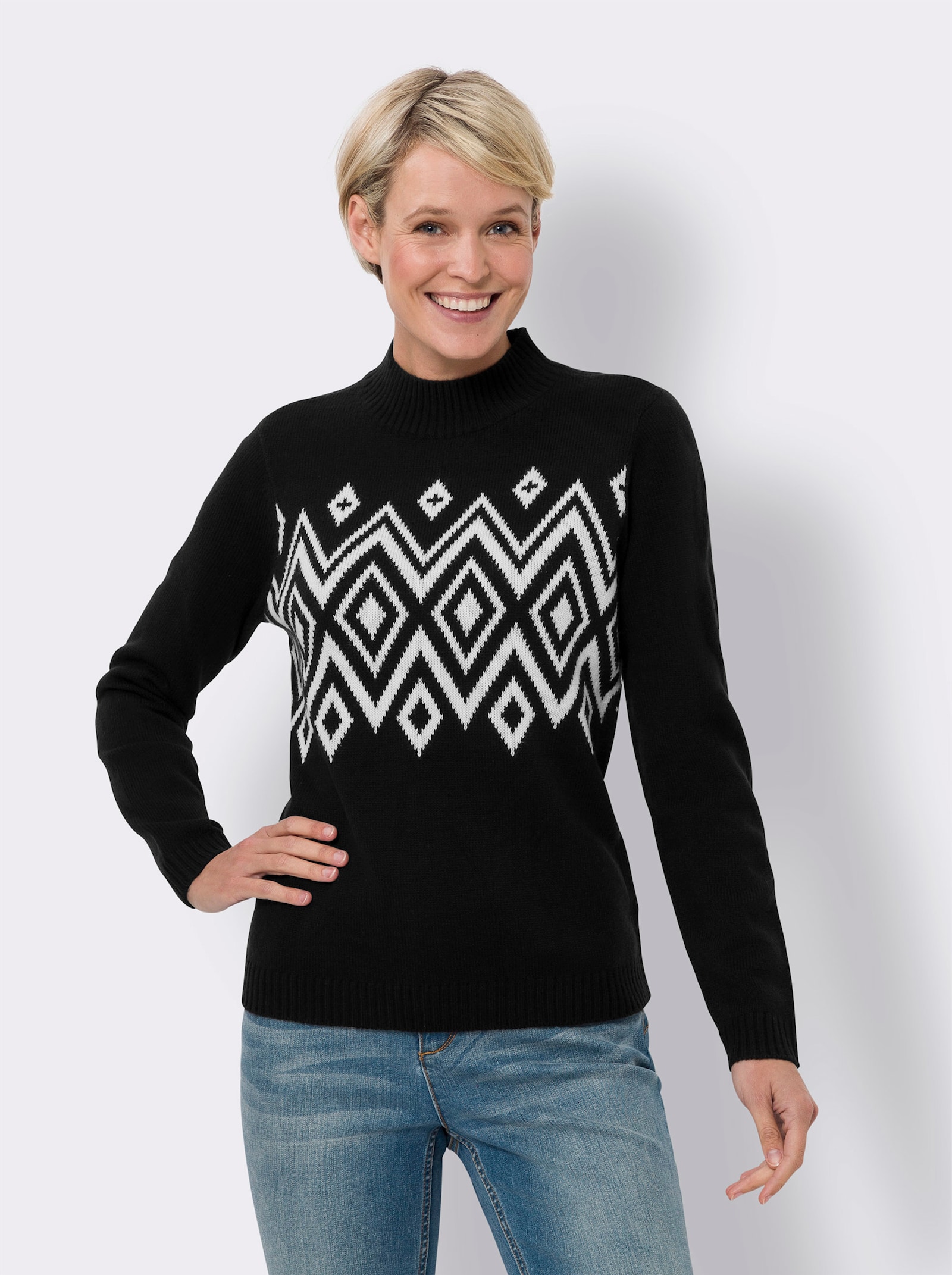Pullover met opstaande kraag met Noors patroon - zwart/ecru