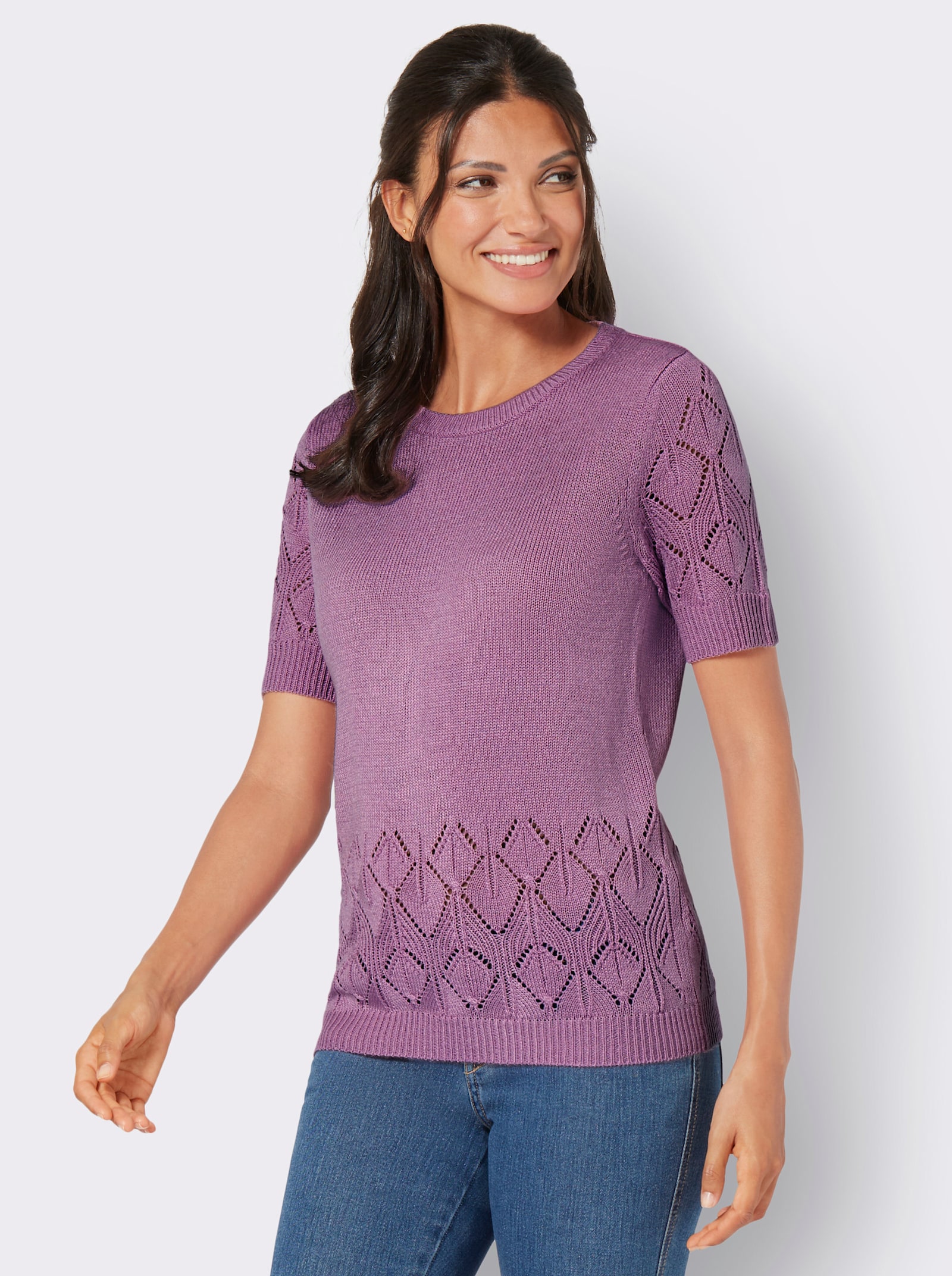 Kurzarmpullover mit Ajour-Muster - orchidee