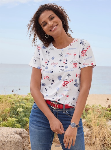 Print-Shirt aus reiner Baumwolle - weiß-erdbeere-bedruckt