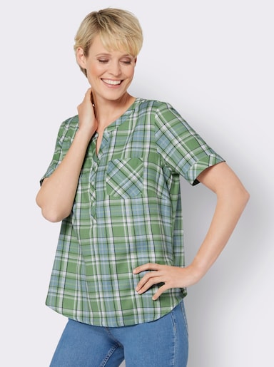 Karobluse mit garngefärbtem Muster - eucalyptus-himmelblau-kariert