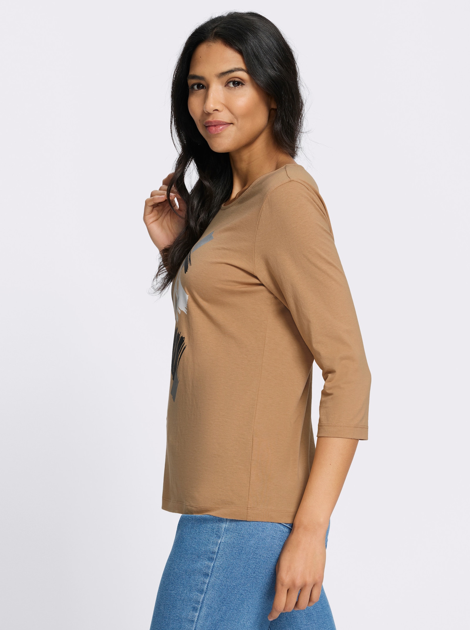 3/4-Arm-Shirt mit glänzendem Druck - camel-ecru