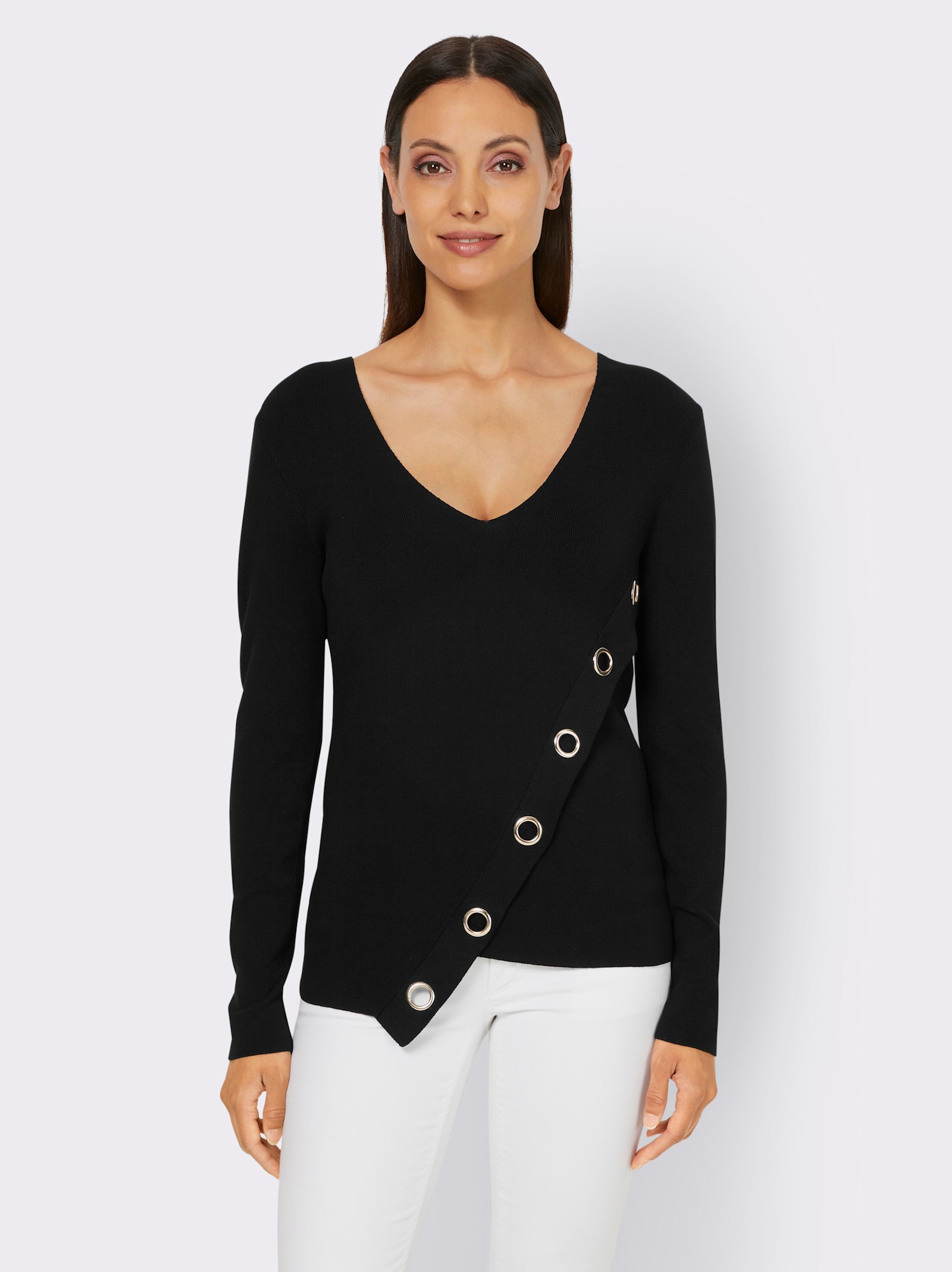 heine Pullover met V-hals in asymmetrisch model - zwart