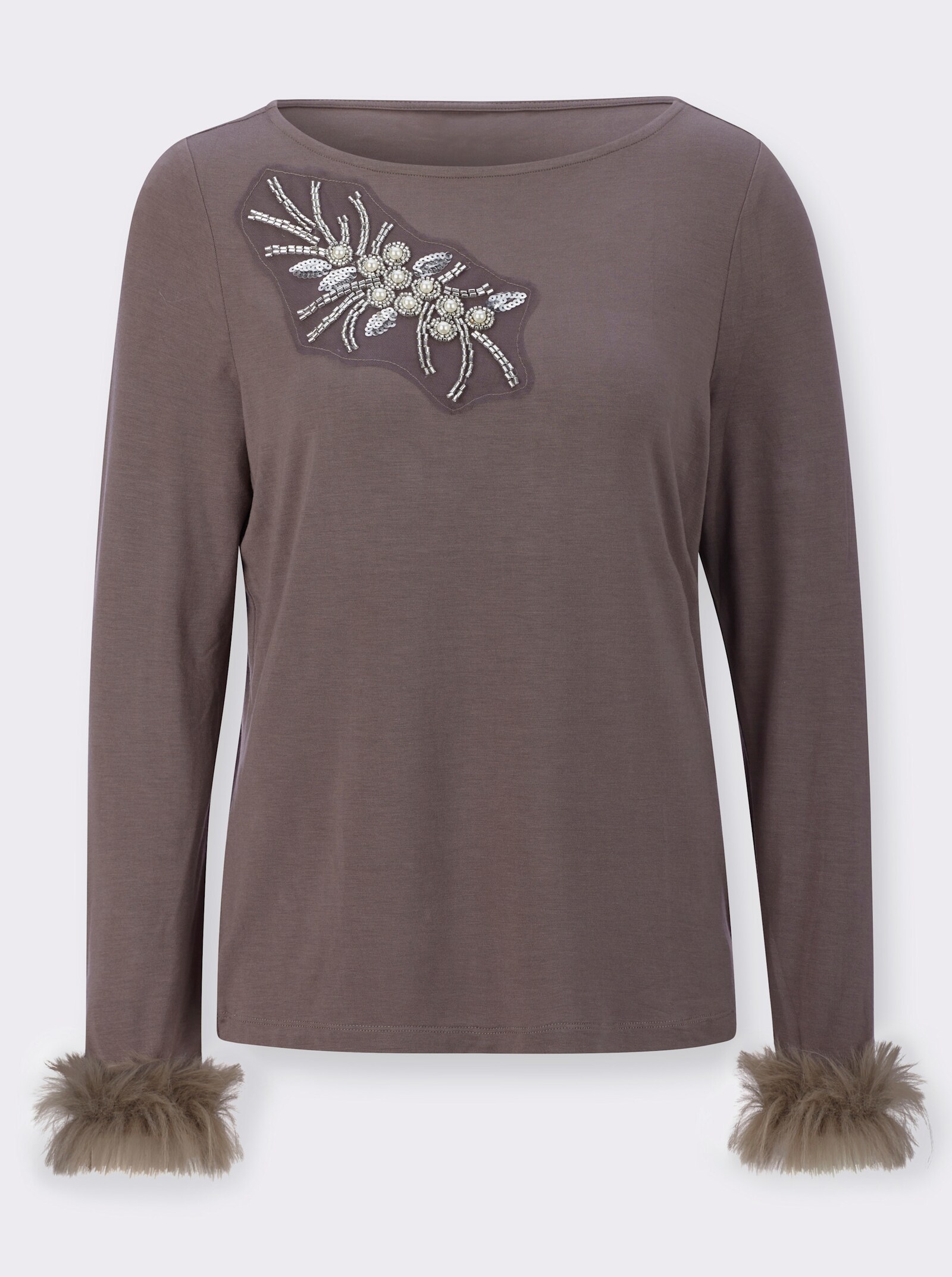 Langarmshirt mit Pailletten und Ziersteinchen - dunkeltaupe