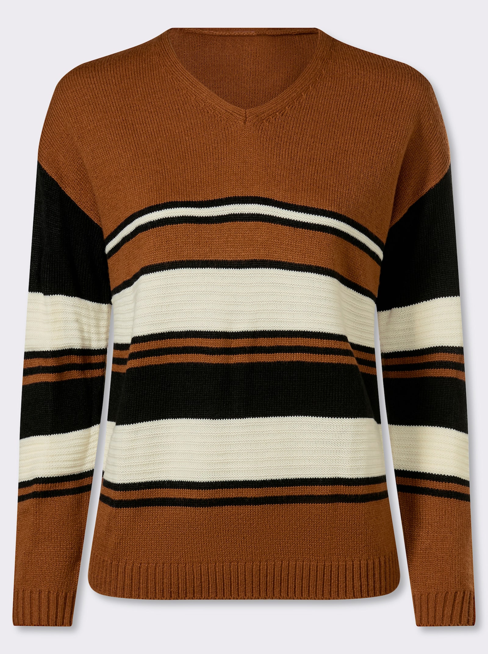 Pullover met lange mouwen en een geplaatst streepjespatroon - cognac/zwart gedessineerd