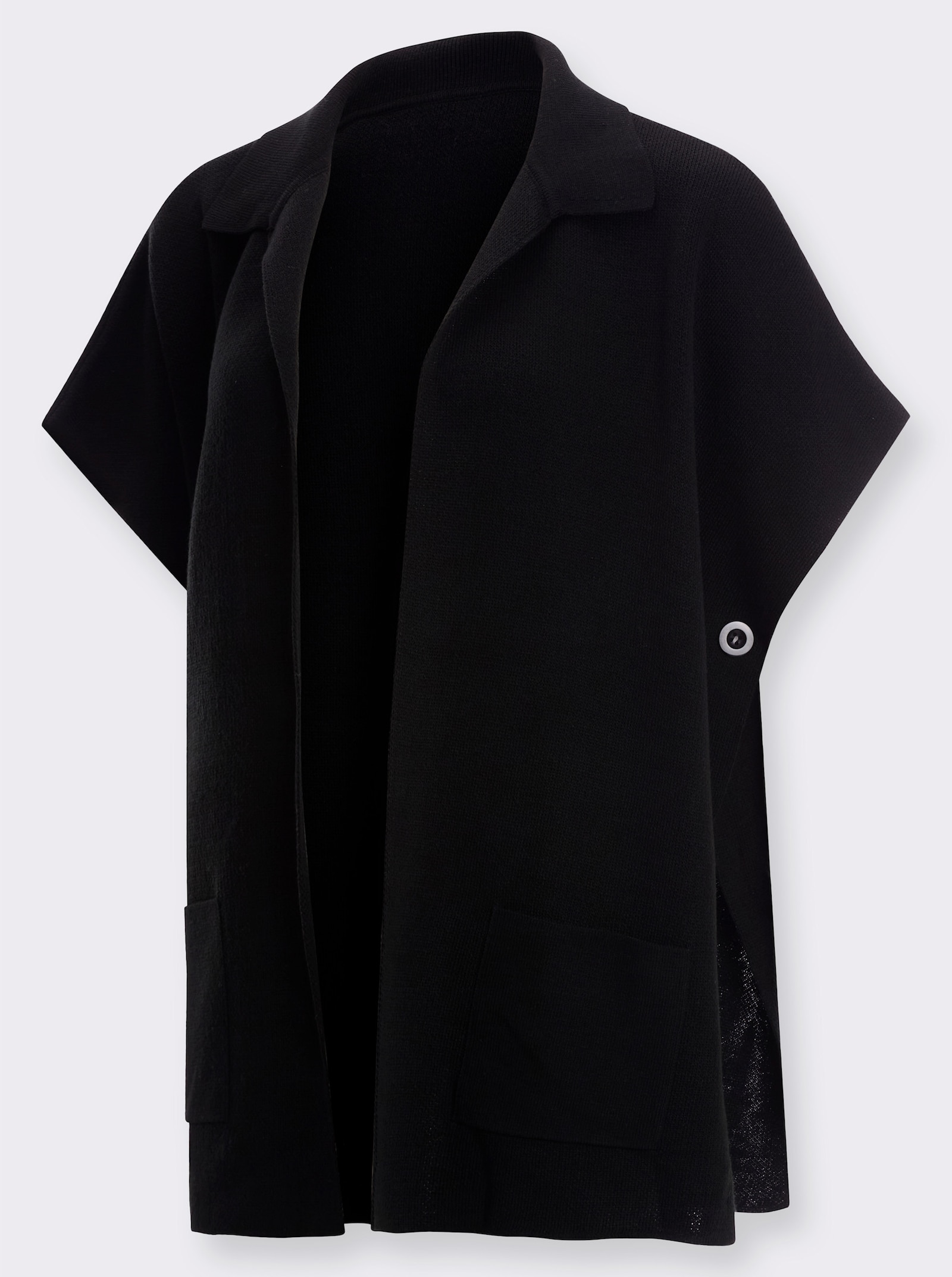 Stickad poncho med påsydda fickor - svart