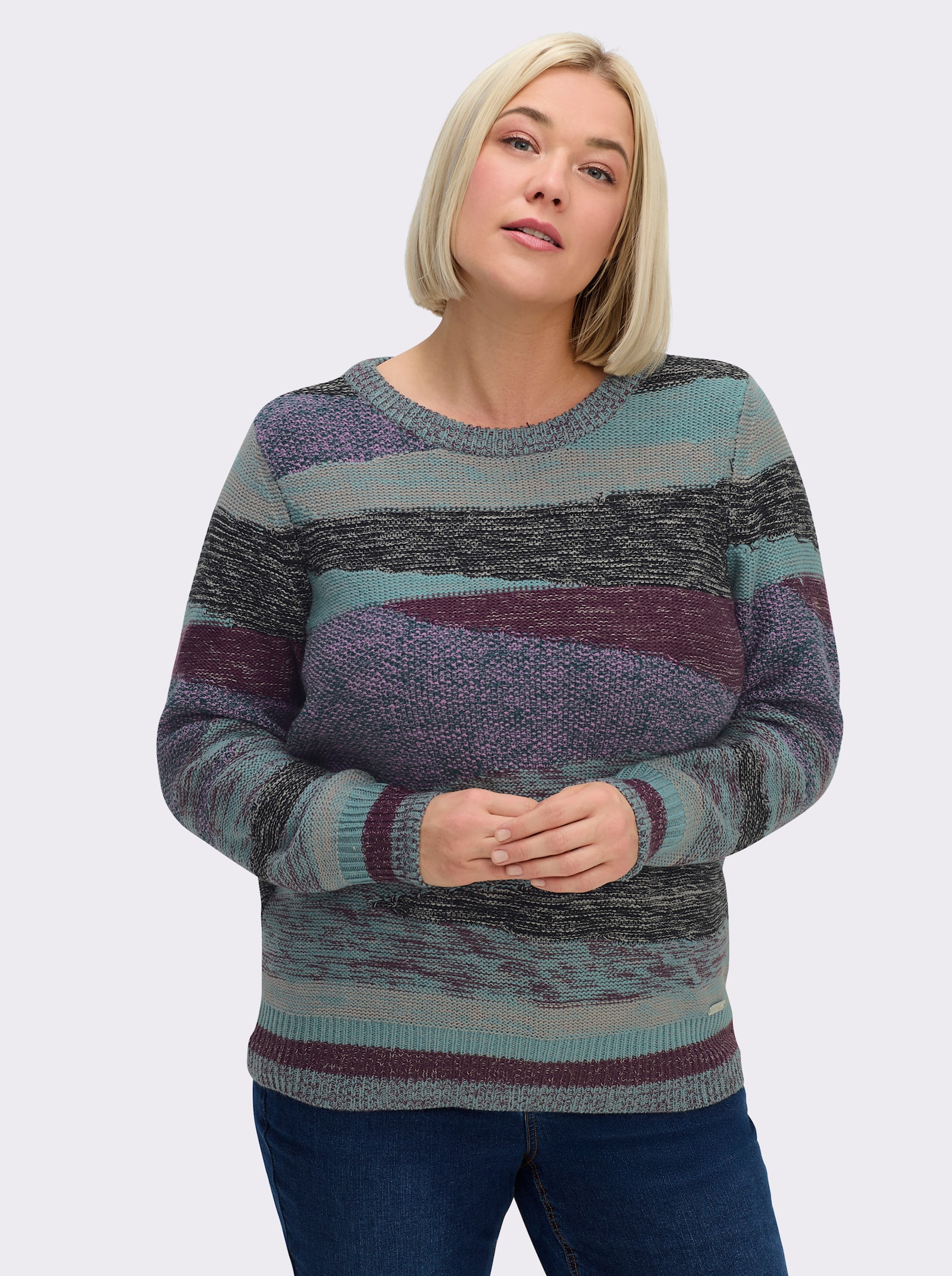 Strickpullover mit farbigen Rippbündchen - jade-steingrau-gemustert