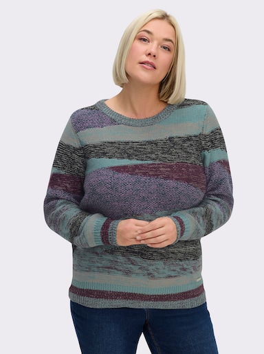 Strickpullover mit farbigen Rippbündchen - jade-steingrau-gemustert