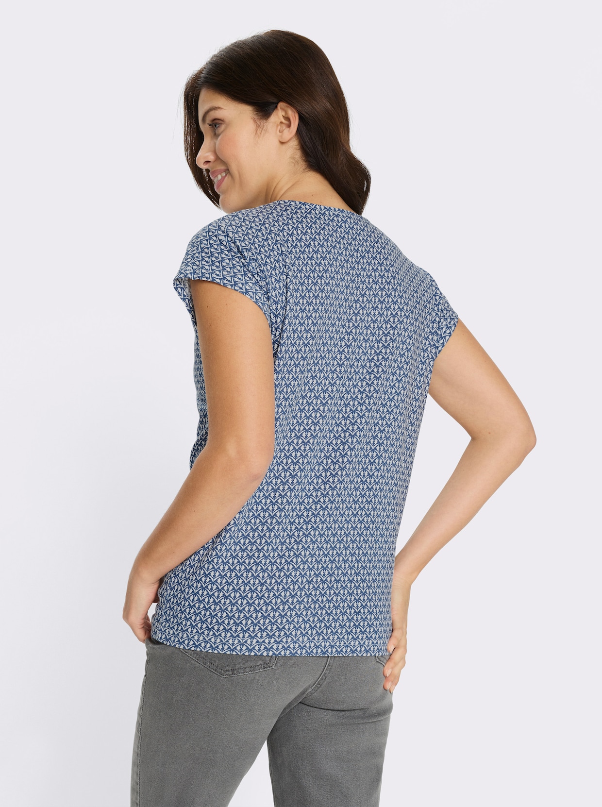 Rundhalsshirt mit Minimaldessin - jeansblau-ecru-bedruckt