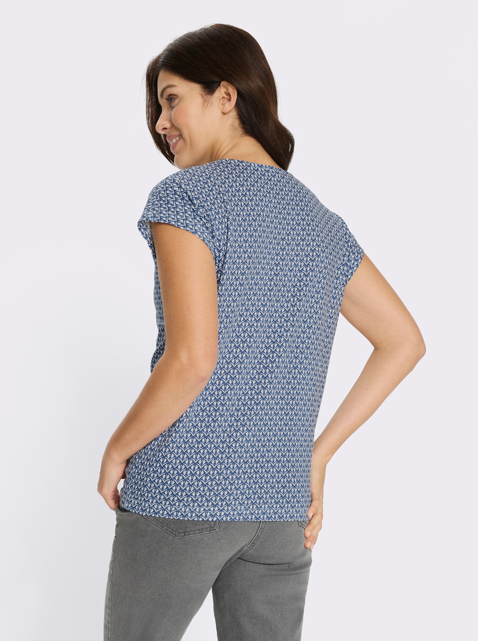 Rundhalsshirt mit Minimaldessin - jeansblau-ecru-bedruckt