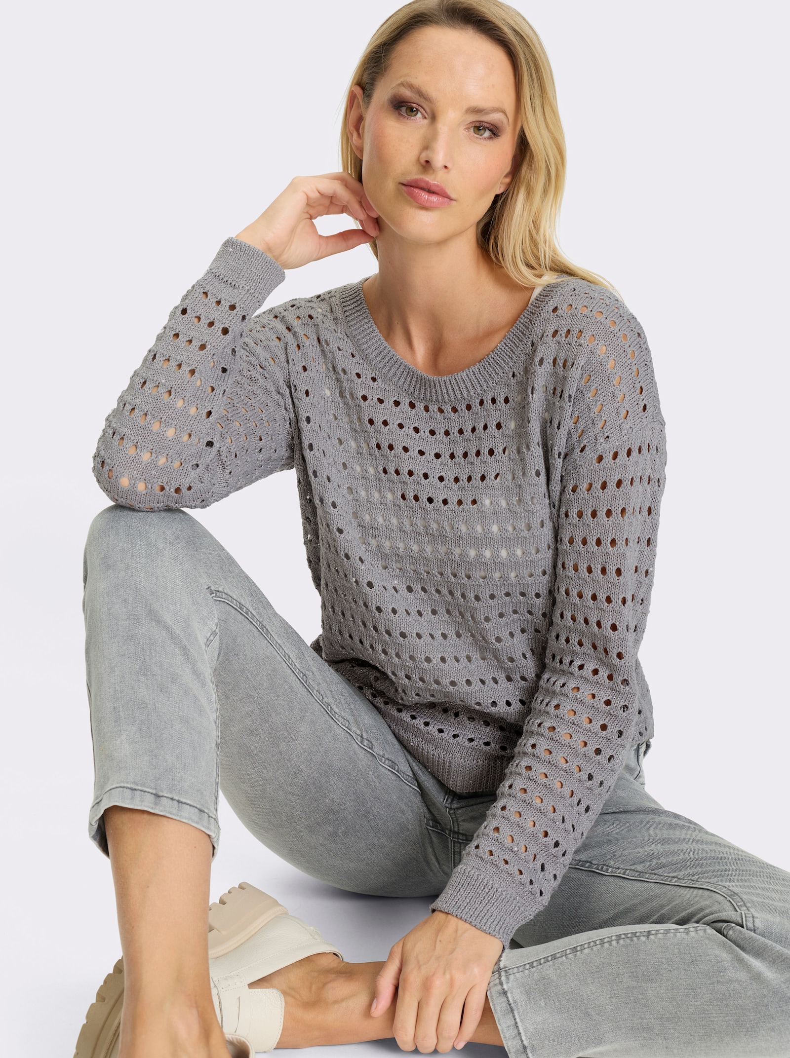 heine Langarm-Pullover mit Lochmuster - steingrau-meliert