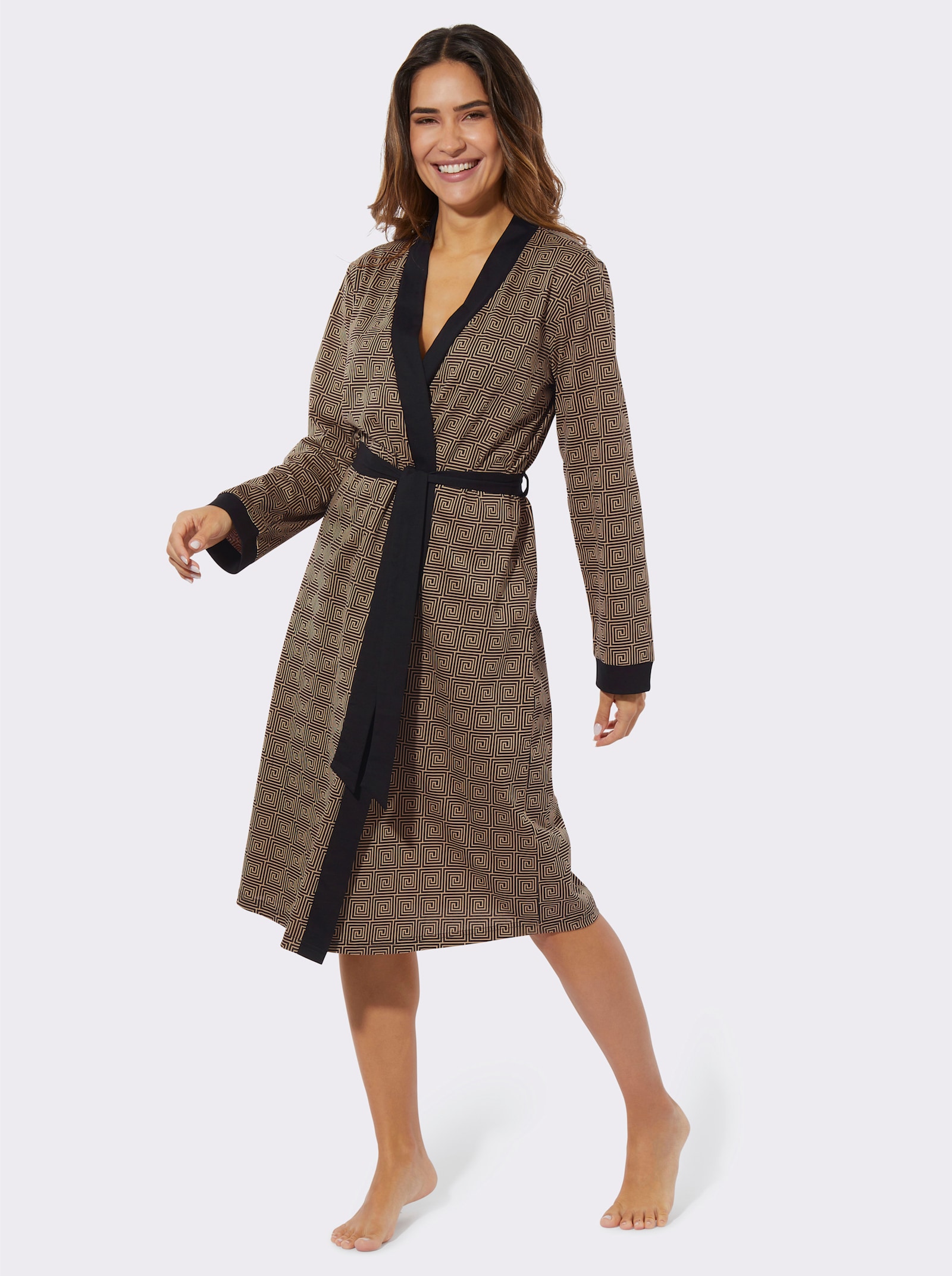 Morgonrock med grafiskt tryck - svart-kamel, med tryck