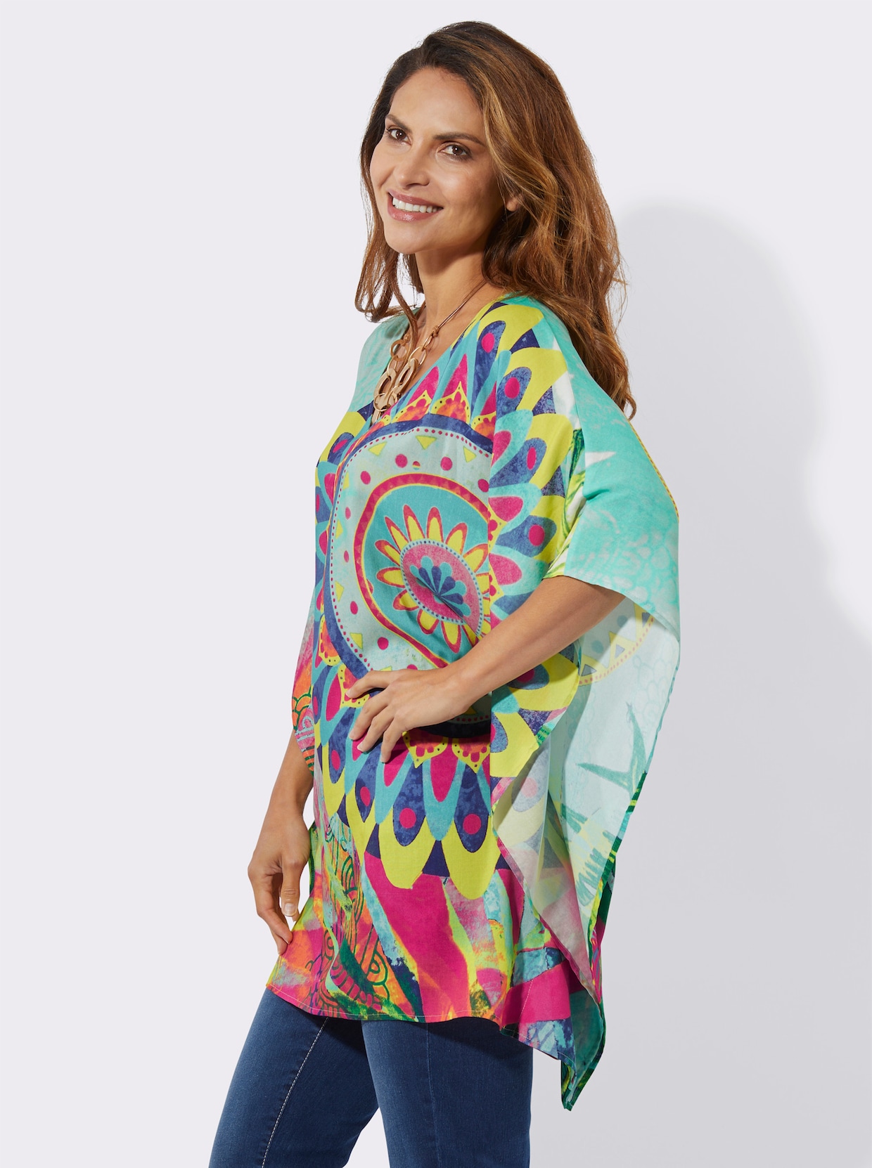 Chemisier coupe tunique - menthe-fuchsia imprimé