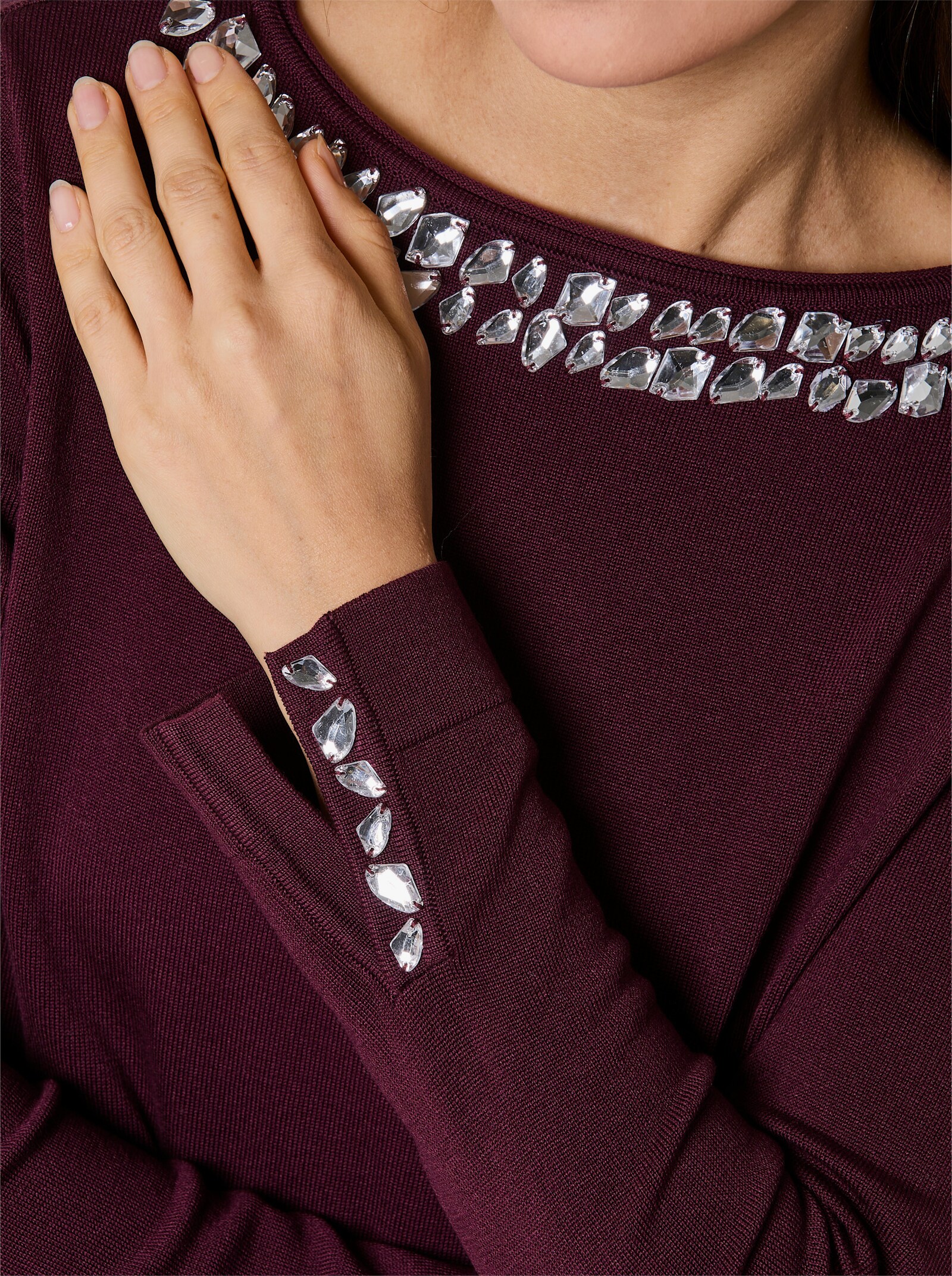CREATION L PREMIUM Langarm-Pullover mit Strass-Applikationen - burgund